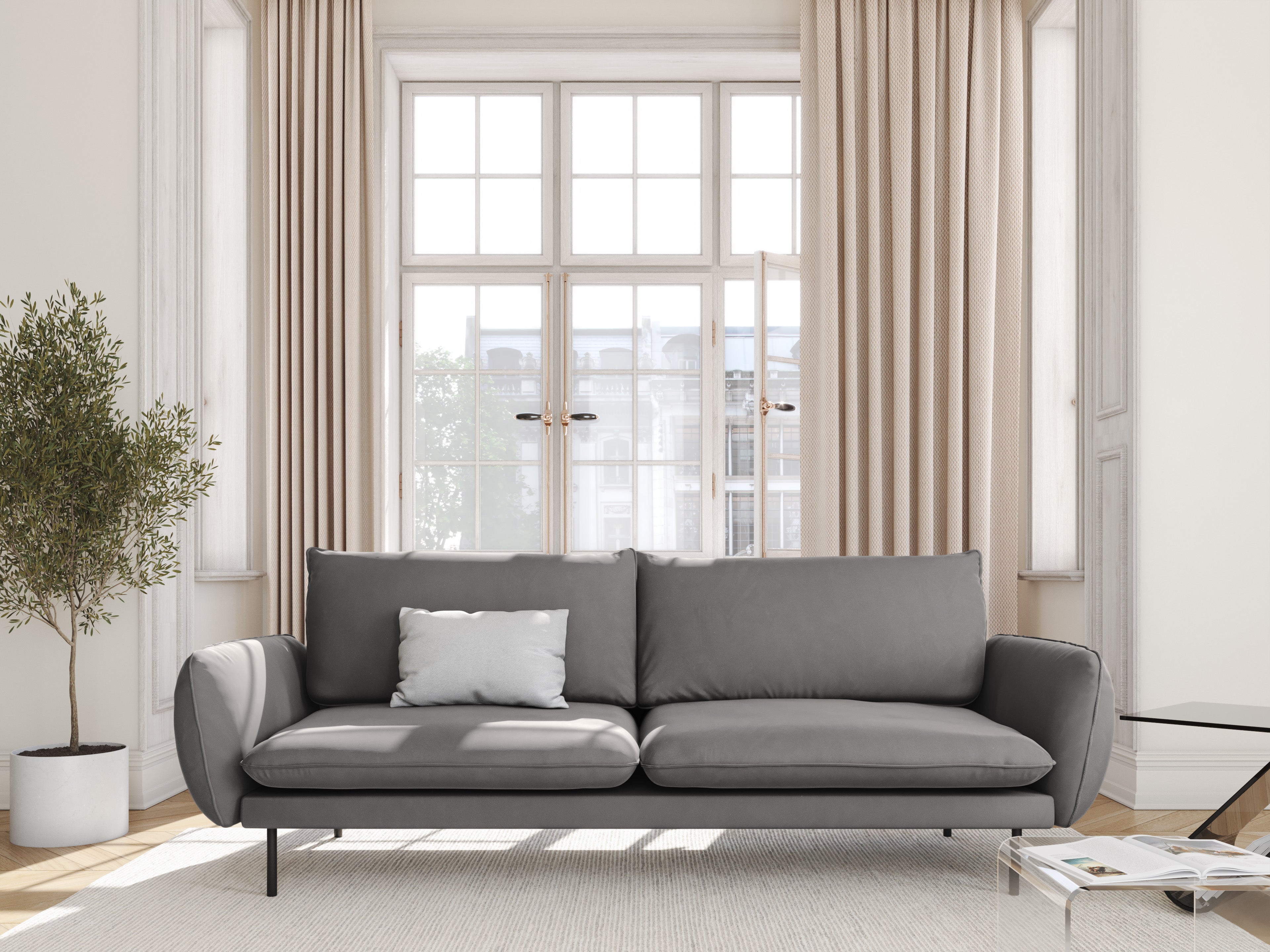 Velvet sofa 3-seater VIENNA light gray with black base