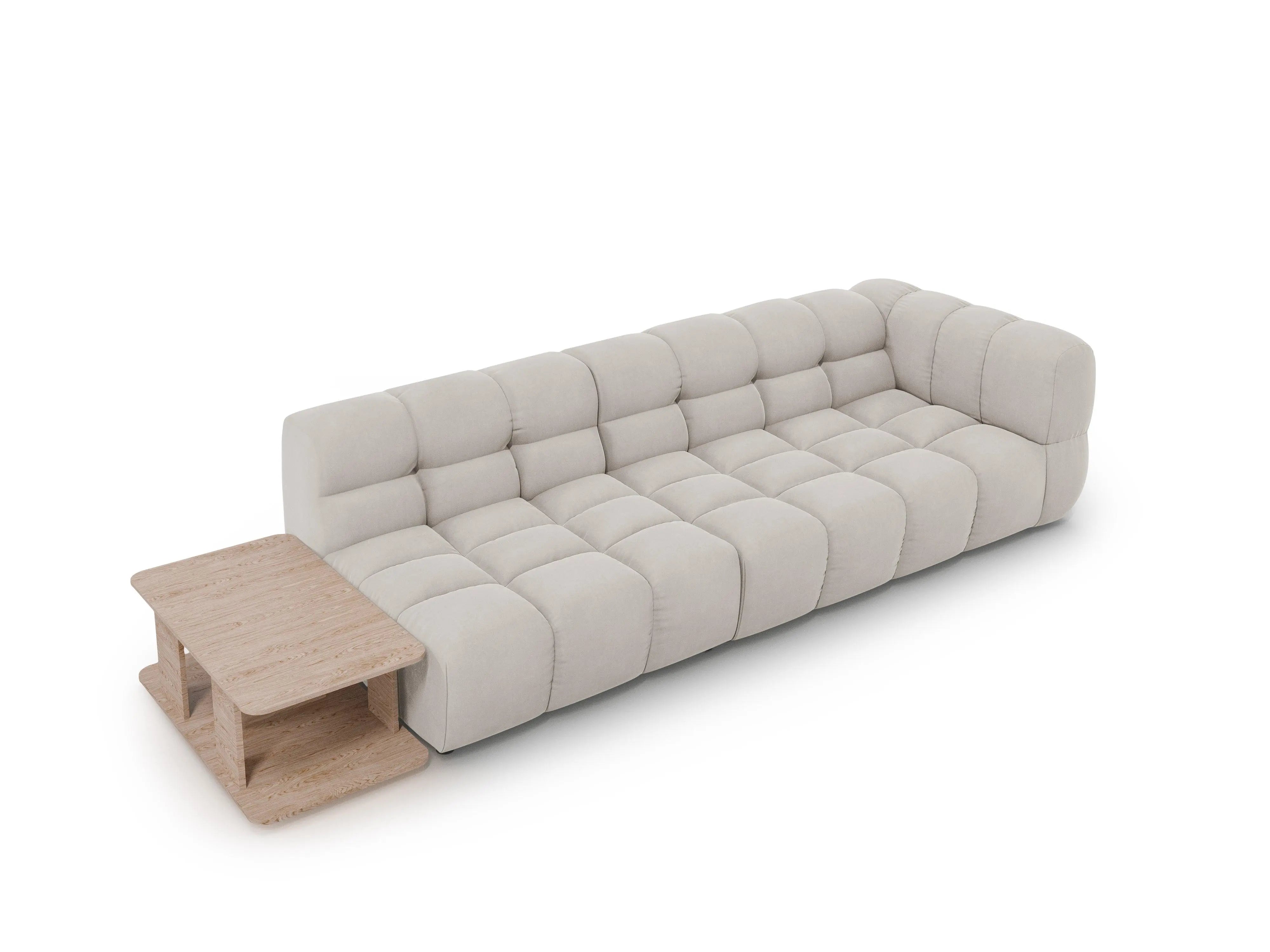 Sofa aksamitna lewostronna 4-osobowa otwarta ze stolikiem SKY jasnobeżowy – Cosmopolitan Design