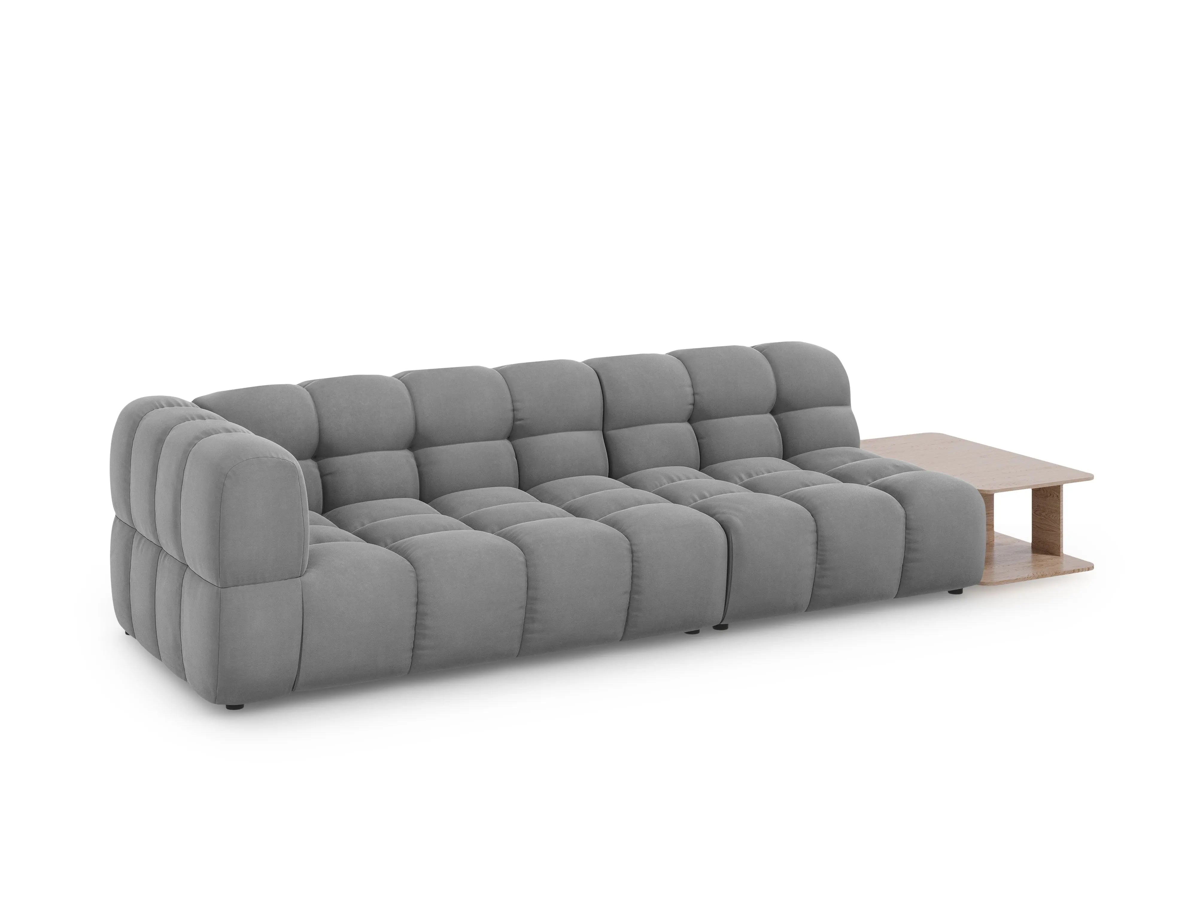 Sofa aksamitna prawostronna 4-osobowa otwarta ze stolikiem SKY jasnoszary – Cosmopolitan Design