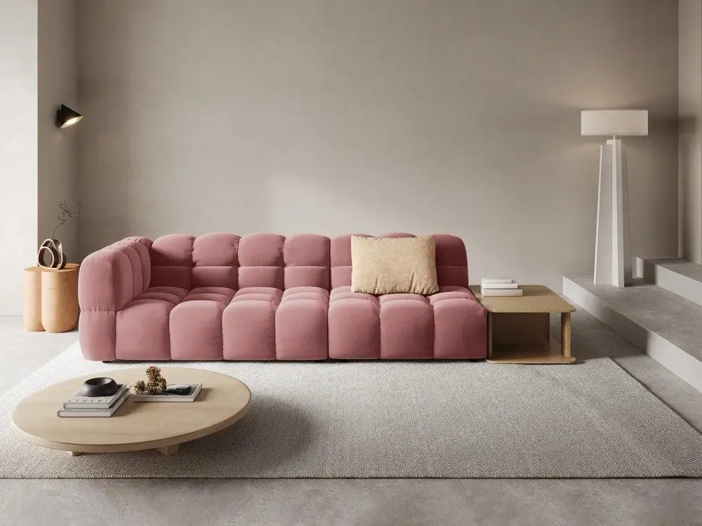 Sofa aksamitna prawostronna 4-osobowa otwarta ze stolikiem SKY łososiowy – Cosmopolitan Design
