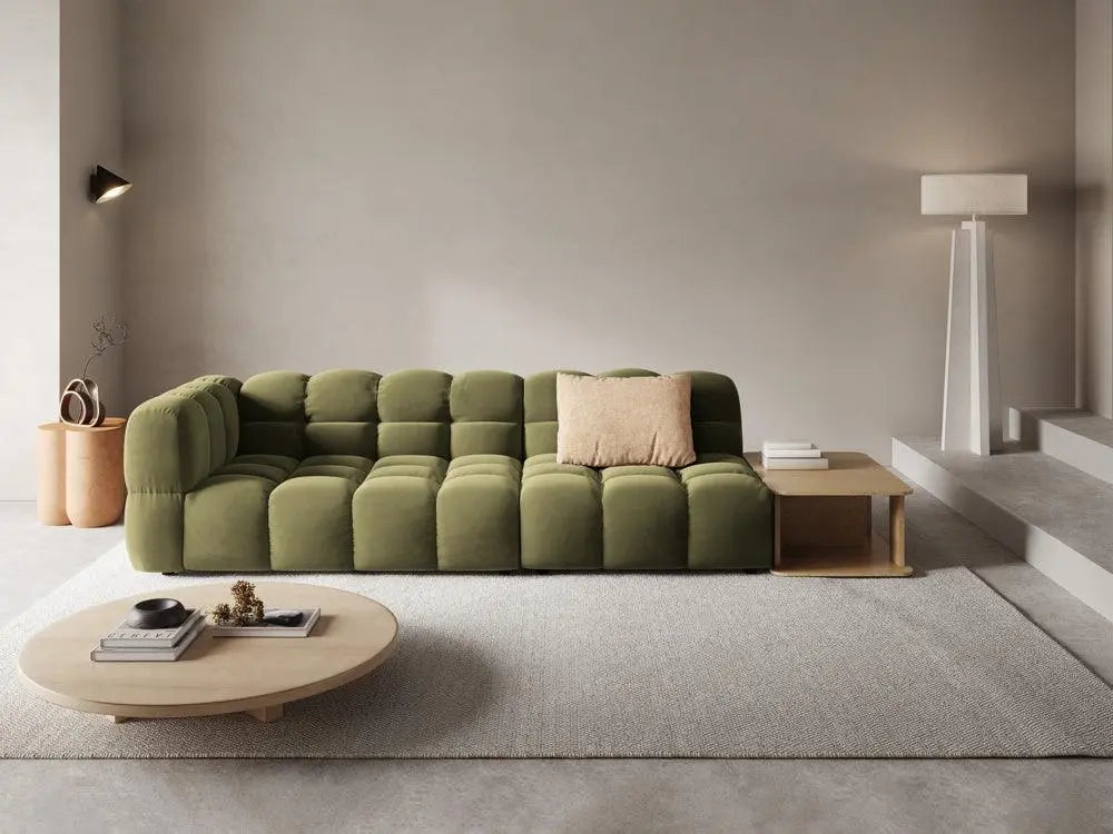 Sofa aksamitna prawostronna 4-osobowa otwarta ze stolikiem SKY jasnozielony – Cosmopolitan Design
