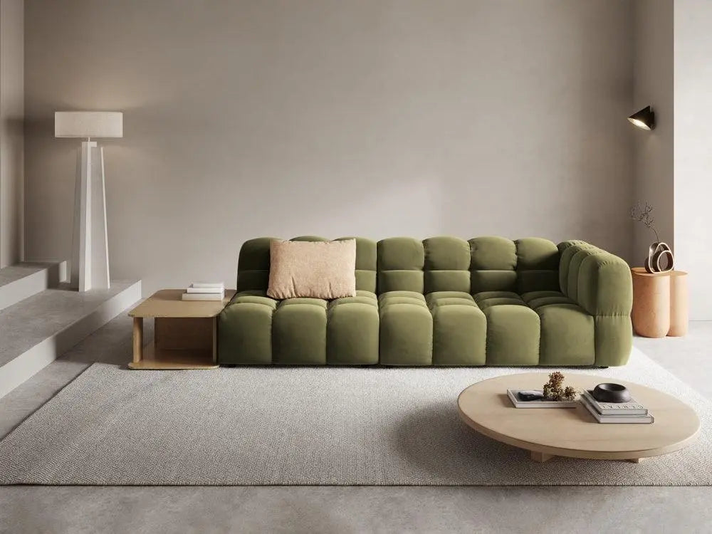 Sofa aksamitna lewostronna 4-osobowa otwarta ze stolikiem SKY jasnozielony – Cosmopolitan Design