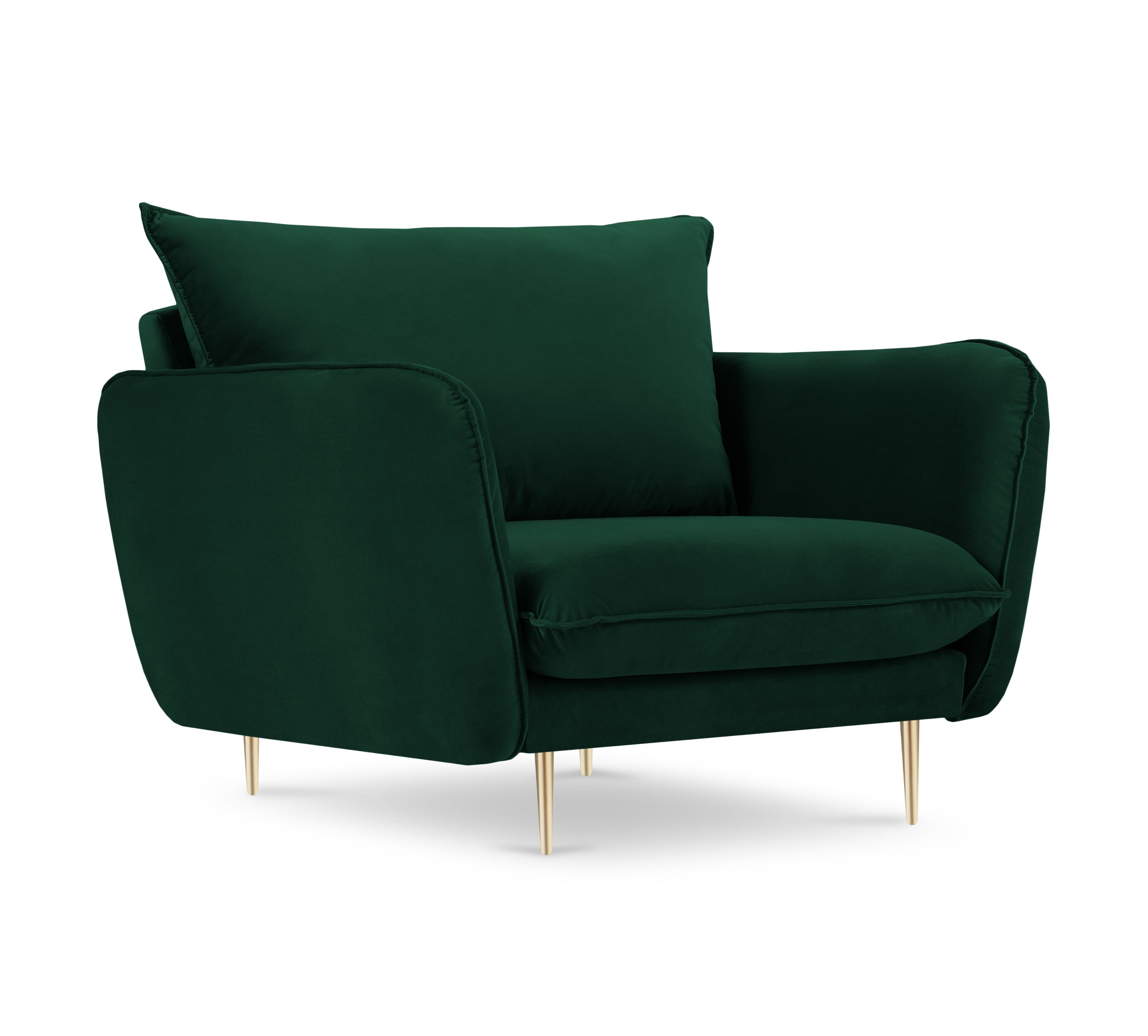 Velvet armchair VIENNA bottle green with a gold base