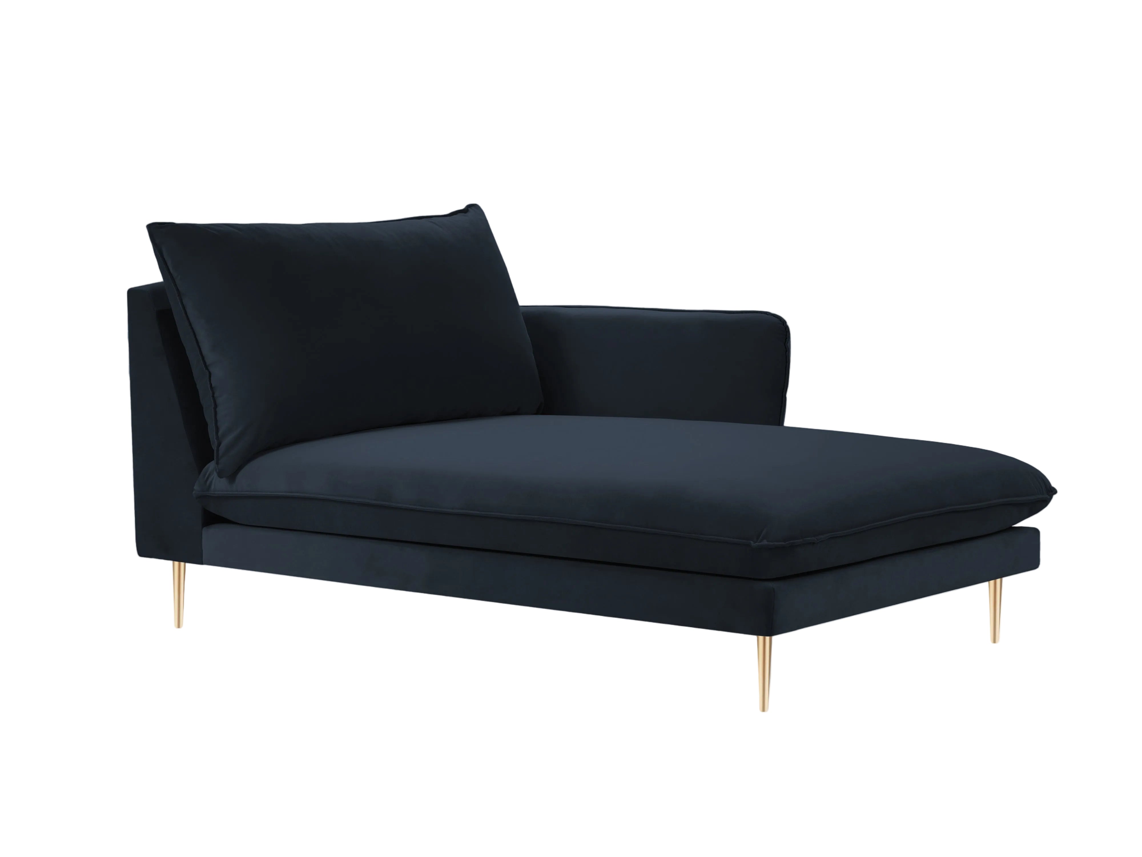 Right-facing velvet chaise longue VIENNA dark blue with a gold base