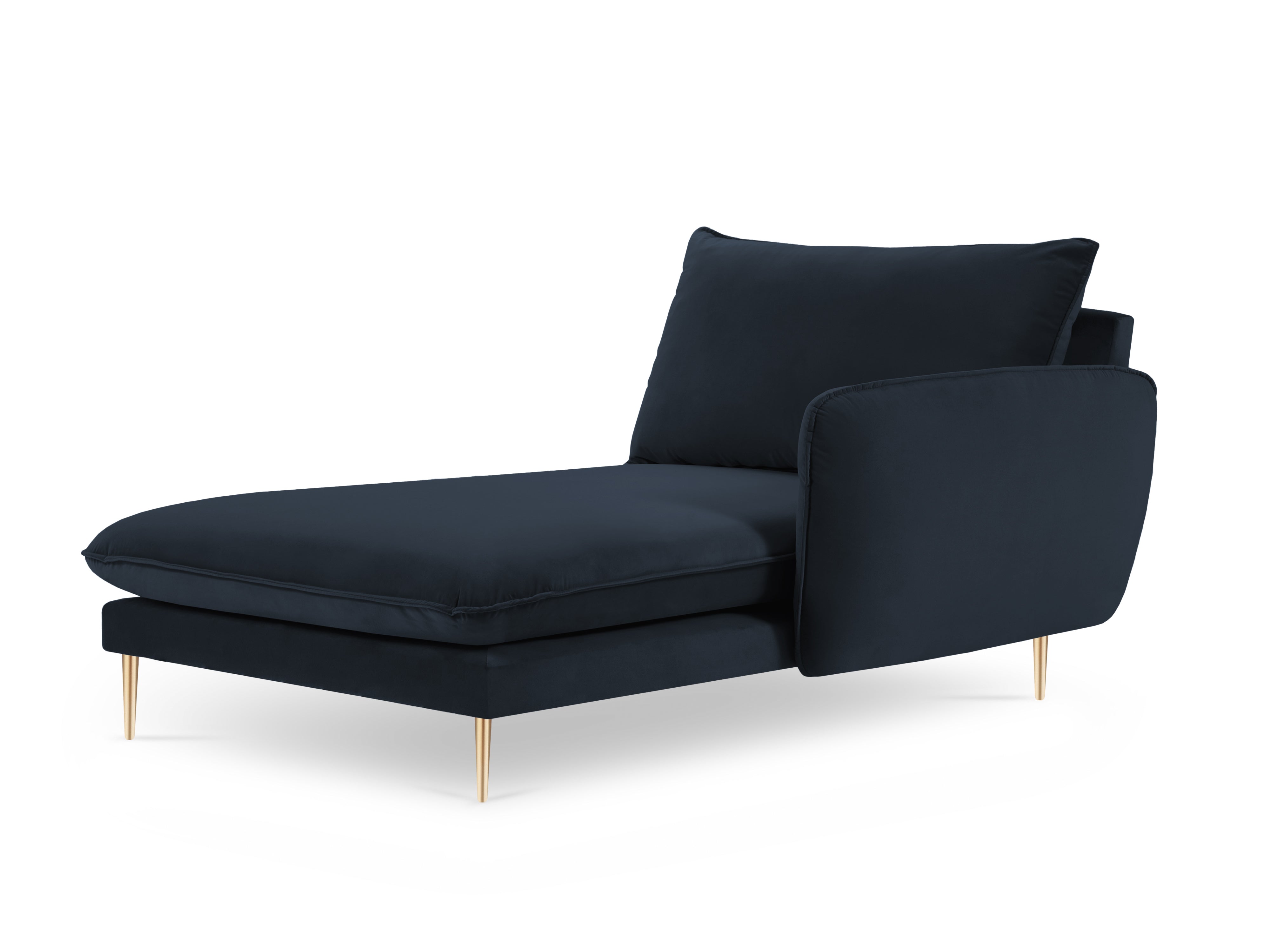 Right-facing velvet chaise longue VIENNA dark blue with a gold base