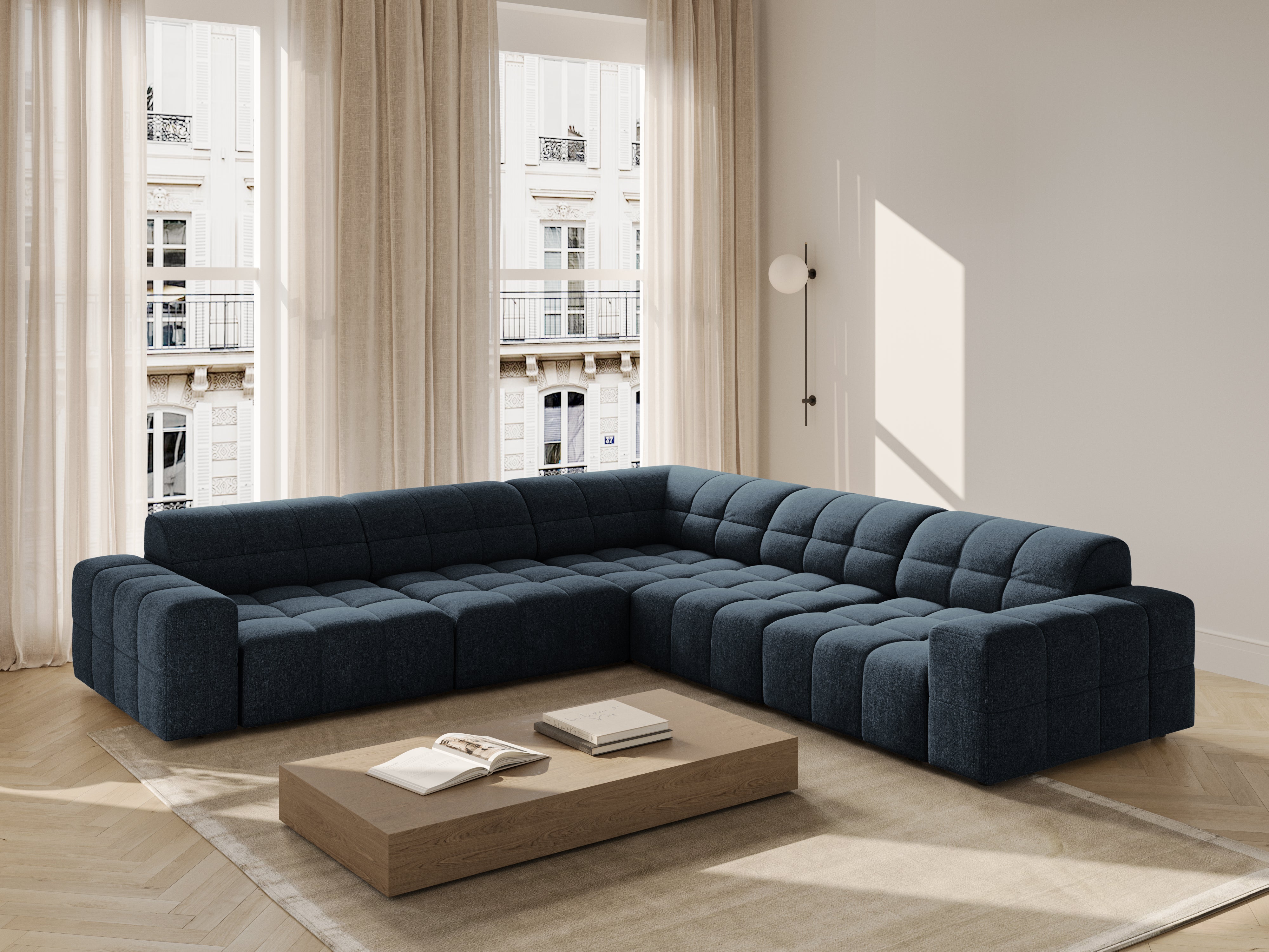 Symmetrische Eckcouch CHICAGO blauer Chenille