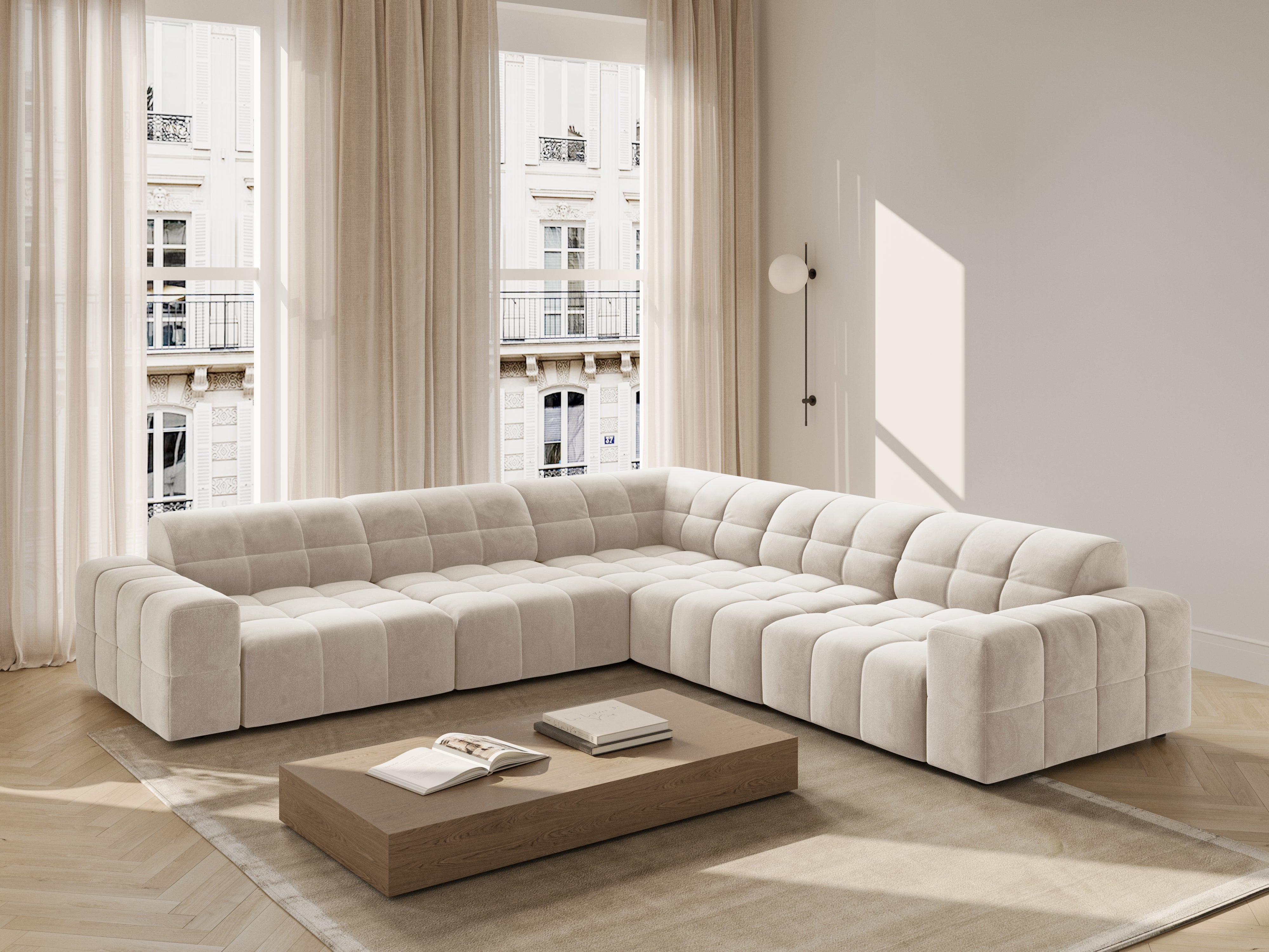 Symmetrische Samt-Eckcouch CHICAGO hellbeige