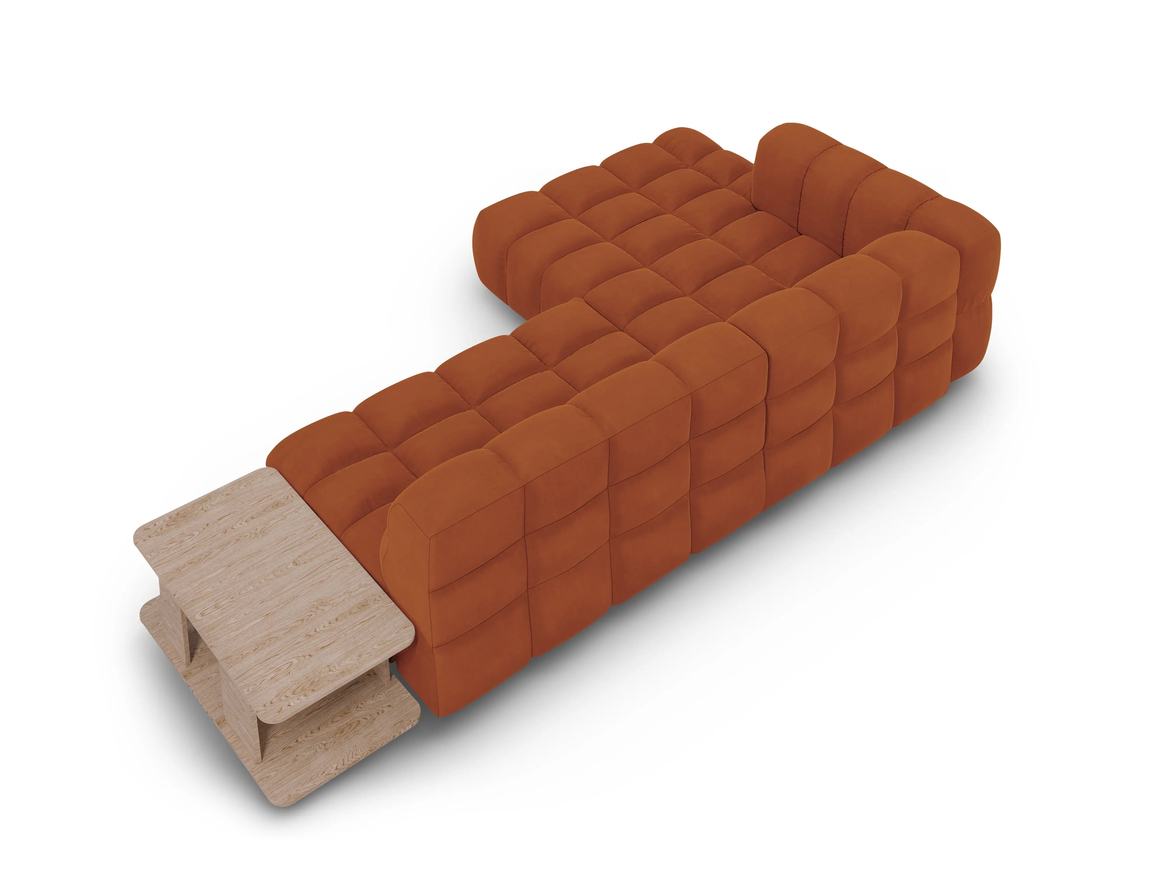 Narożnik aksamitny lewostronny 4-osobowy otwarty ze stolikiem SKY terracotta – Cosmopolitan Design