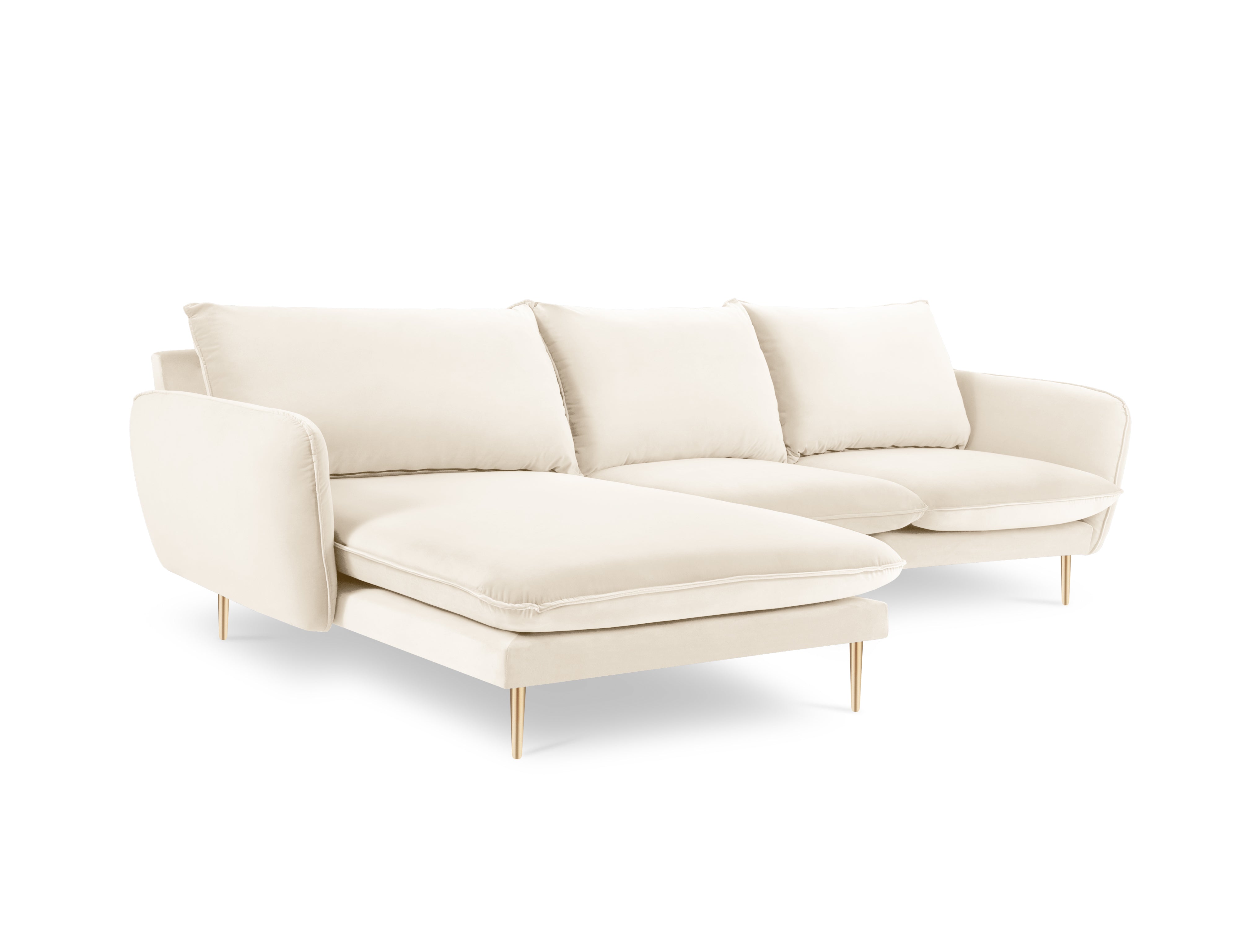 Left-facing velvet corner sofa for 5 people VIENNA in beige with a gold base