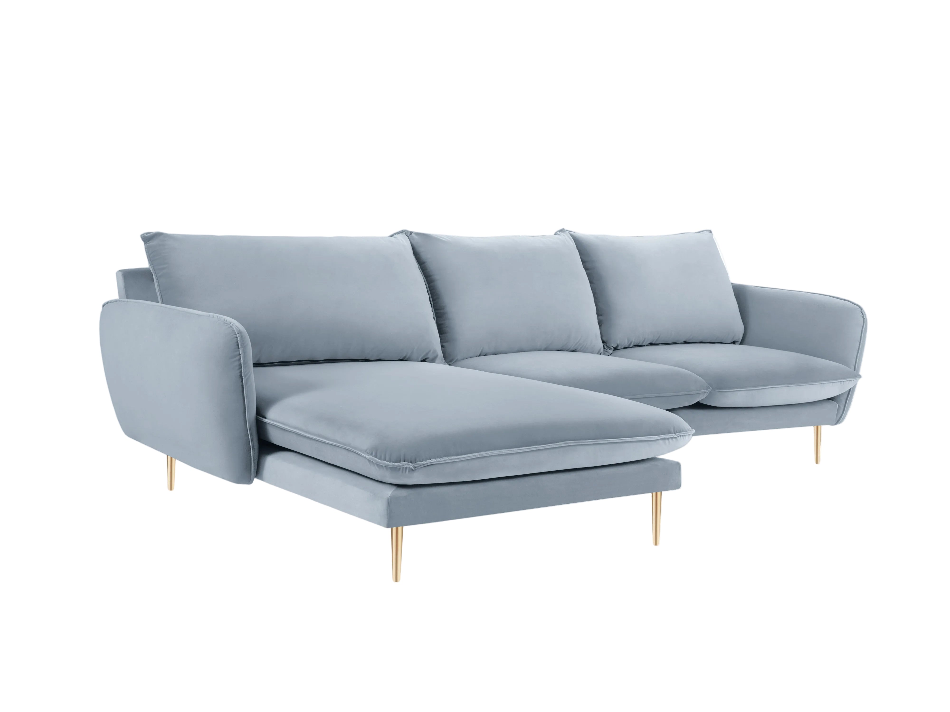 Left-facing velvet corner sofa for 5 people VIENNA in light blue with a gold base