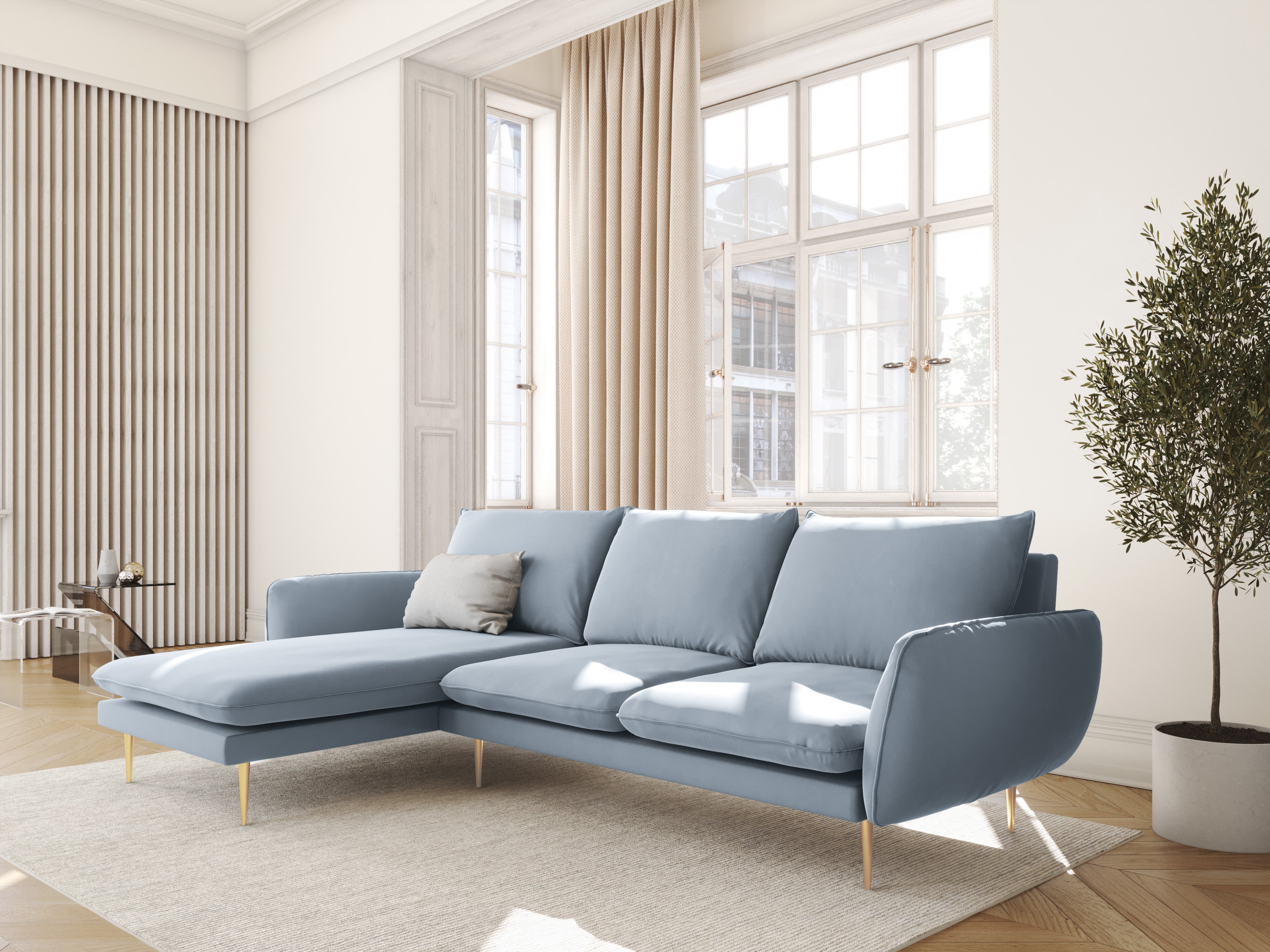 Left-facing velvet corner sofa for 5 people VIENNA in light blue with a gold base