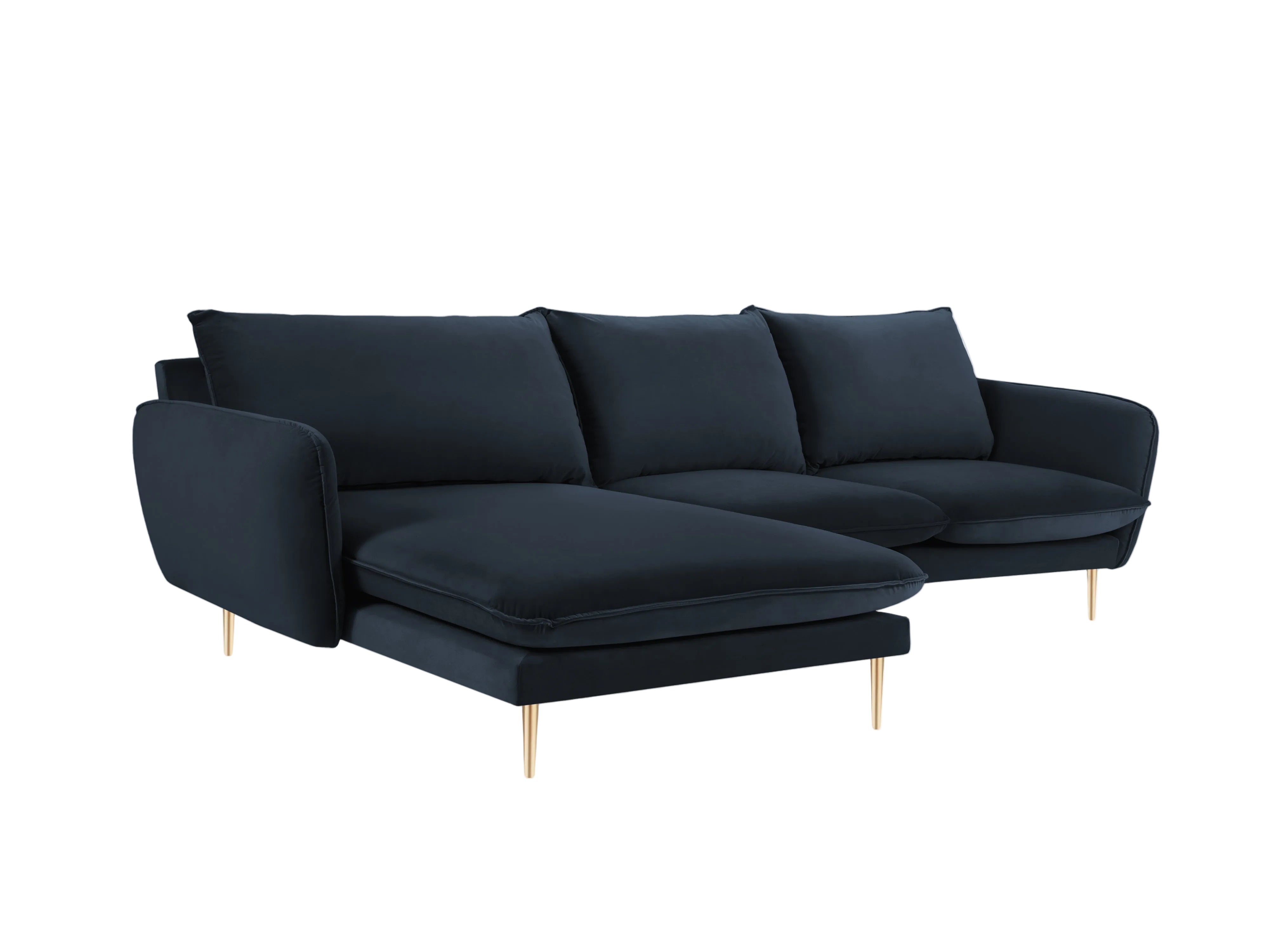 Samt-Ecksofa linksseitig für 5 Personen VIENNA dunkelblau mit goldenem Fuß