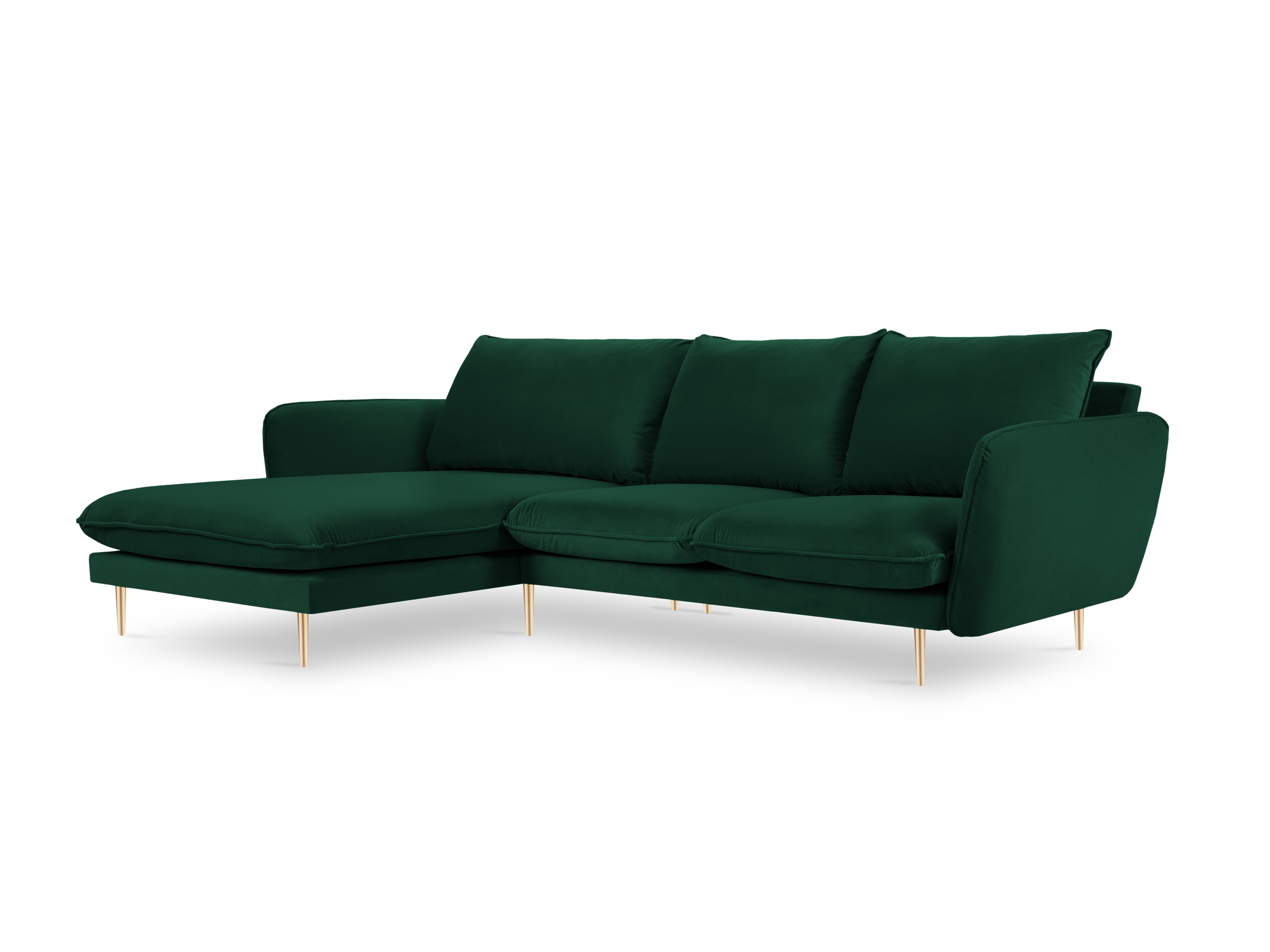 Left-facing velvet corner sofa for 5 people VIENNA in bottle green with a gold base
