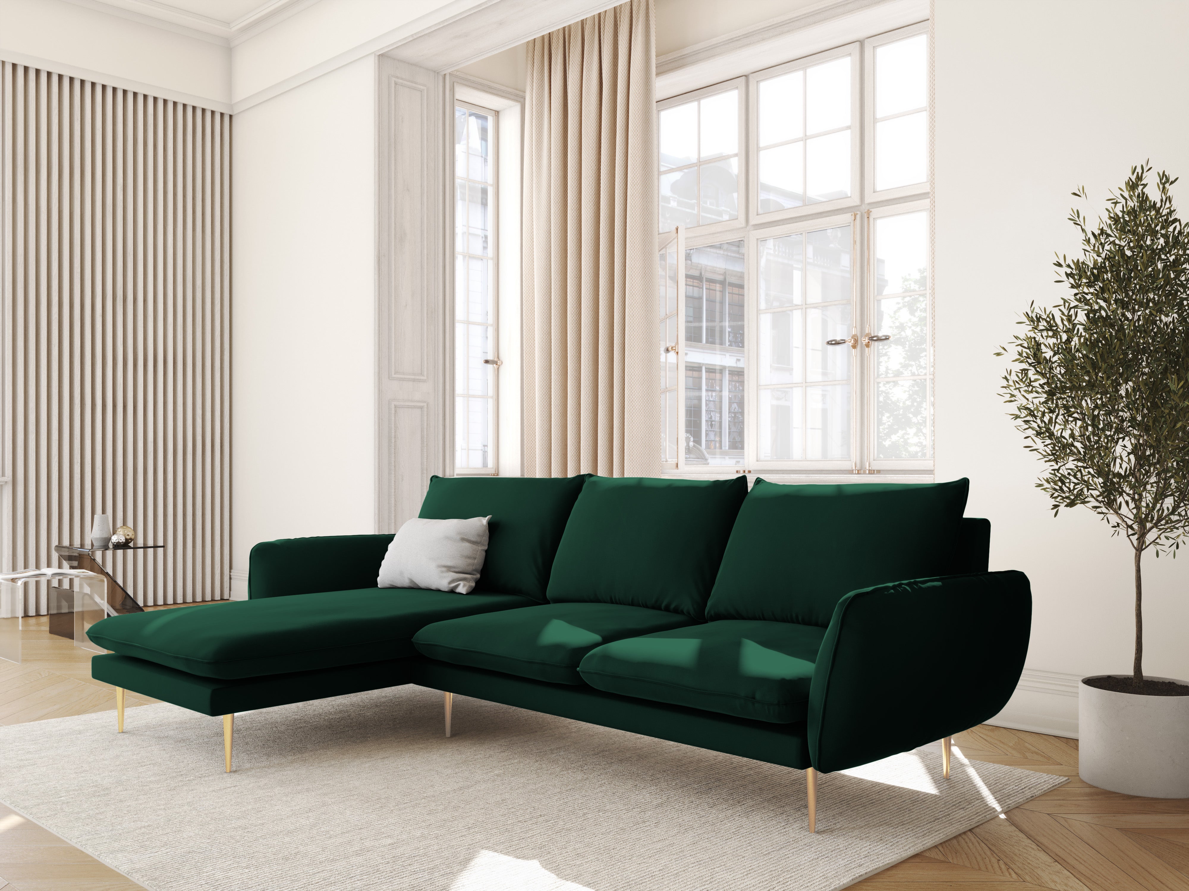 Left-facing velvet corner sofa for 5 people VIENNA in bottle green with a gold base