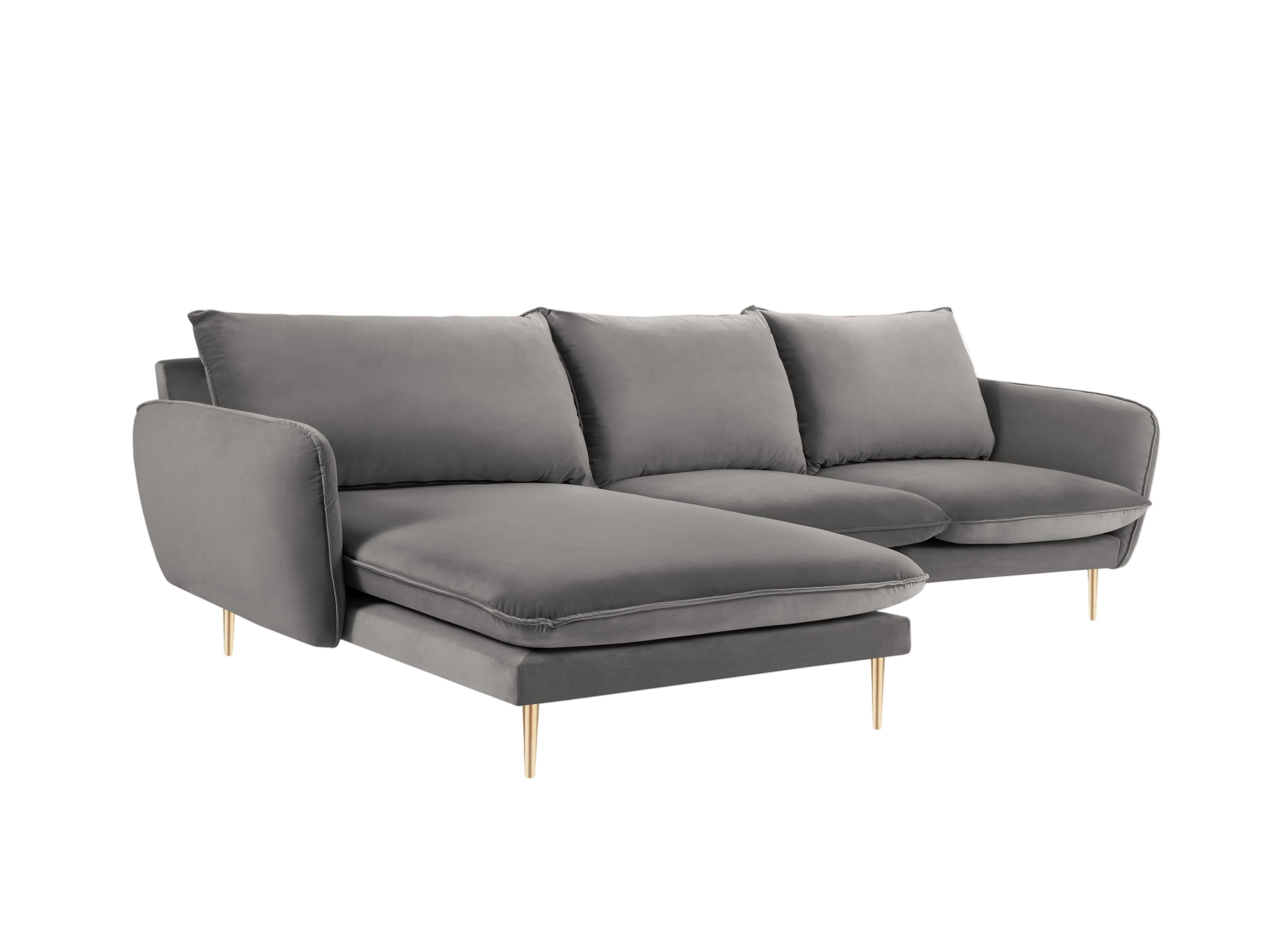 Left-facing velvet corner sofa for 5 people VIENNA in light gray with a gold base