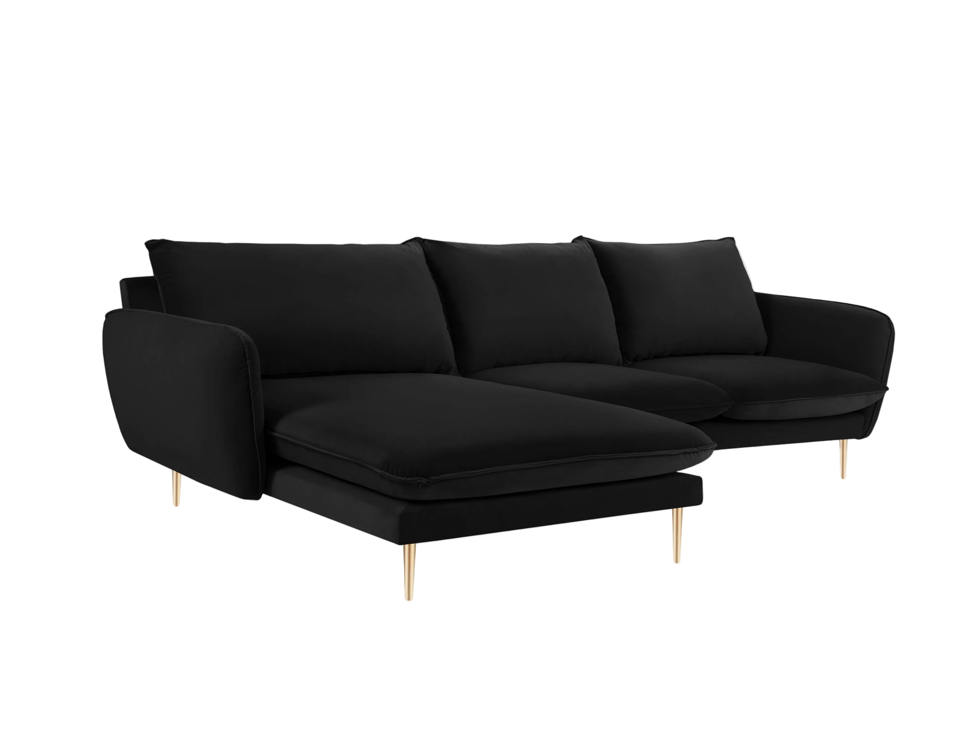 Samt-Ecksofa linksseitig für 5 Personen VIENNA schwarz mit goldenem Fuß