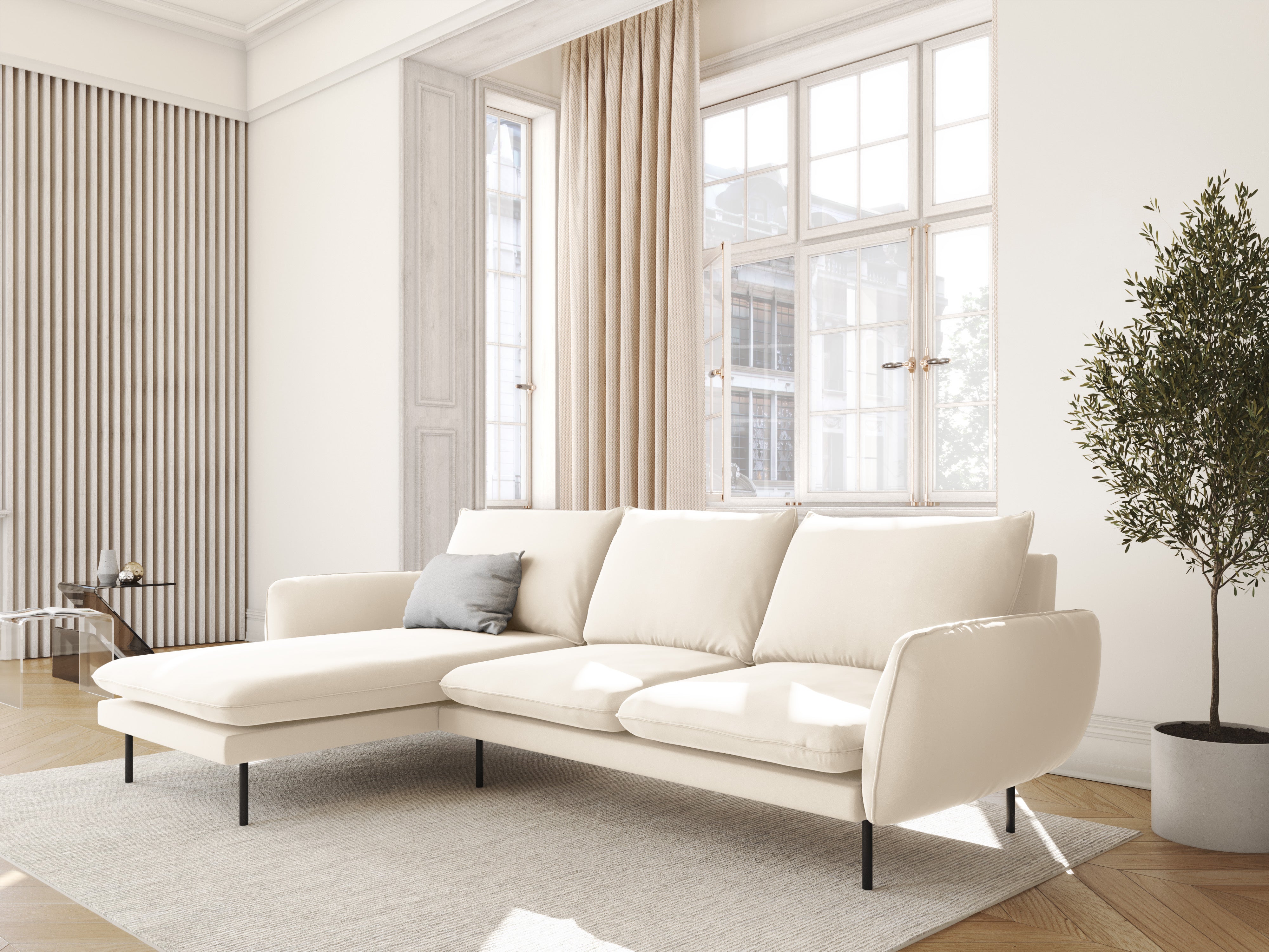 Samt-Ecksofa linksseitig für 5 Personen VIENNA beige mit schwarzem Fuß