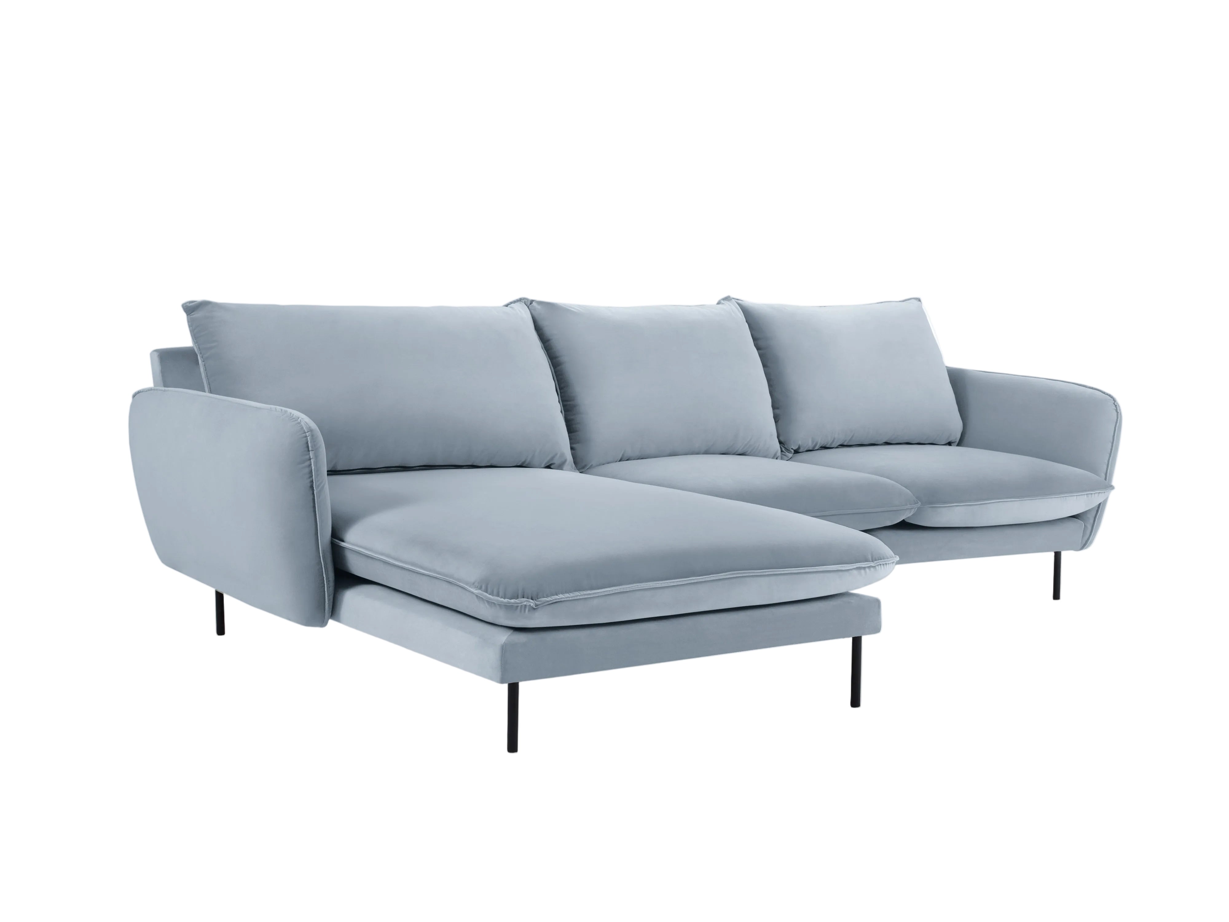Left-facing velvet corner sofa for 5 people VIENNA light blue with black base