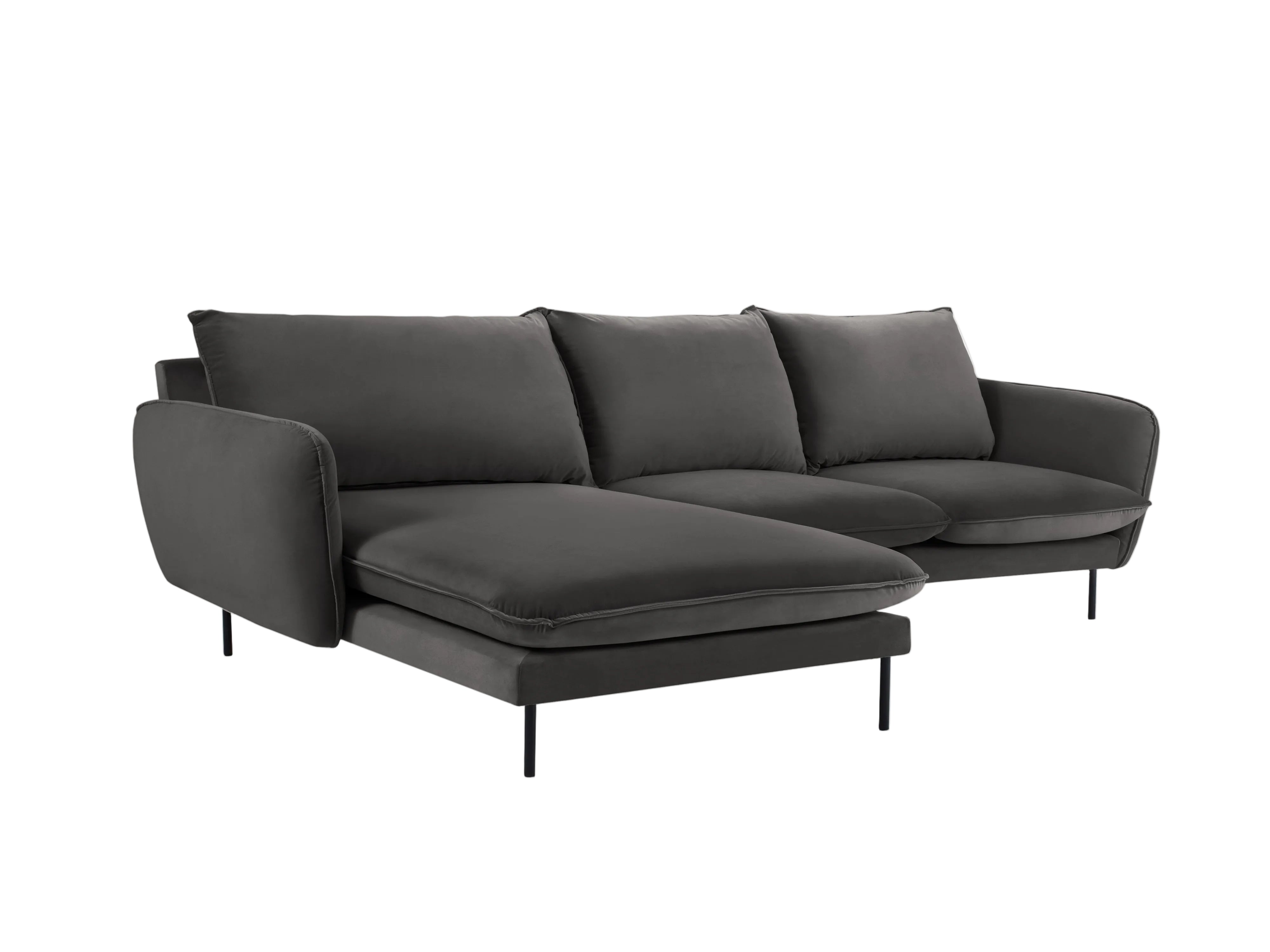 Left-facing velvet corner sofa for 5 people VIENNA in dark gray with a black base
