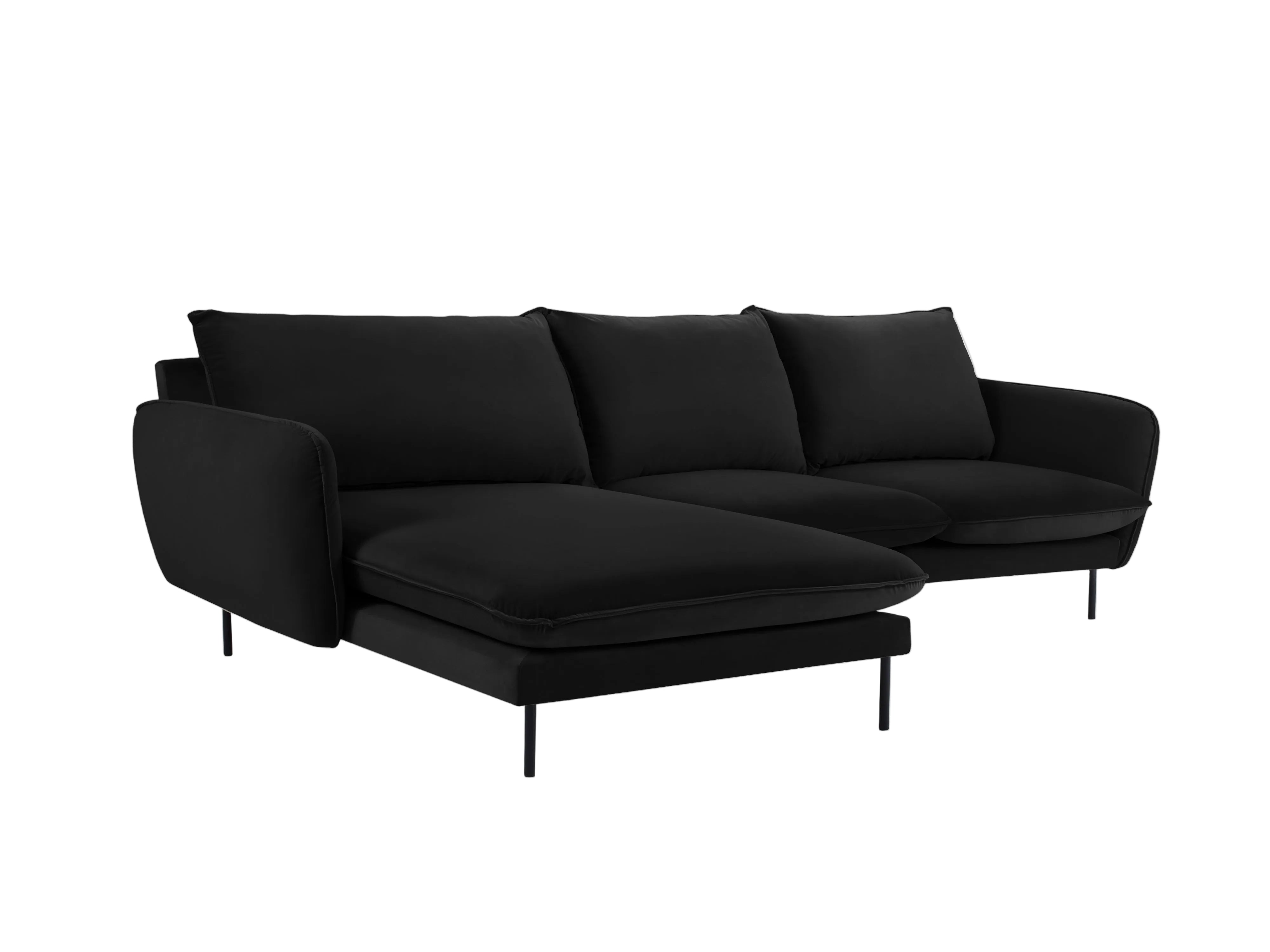 Left-facing velvet corner sofa for 5 people VIENNA in black with a black base