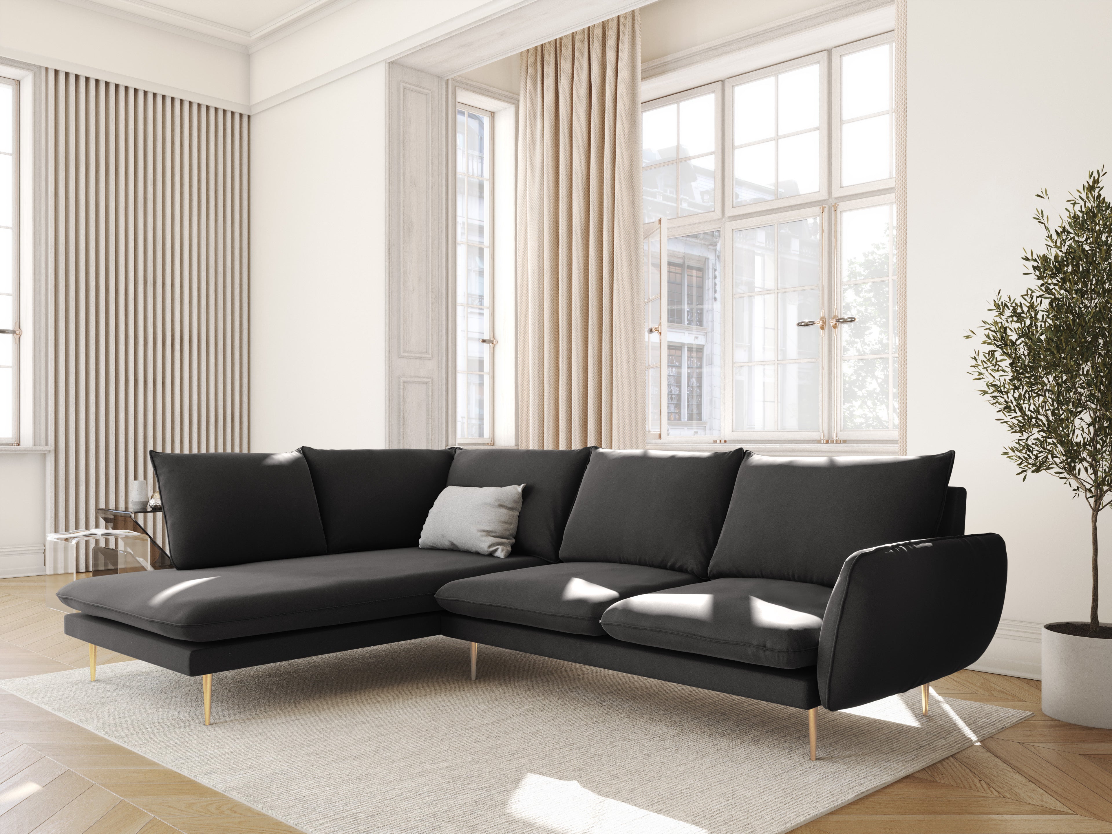 Left-facing velvet corner sofa for 5 people VIENNA in dark gray with a gold base