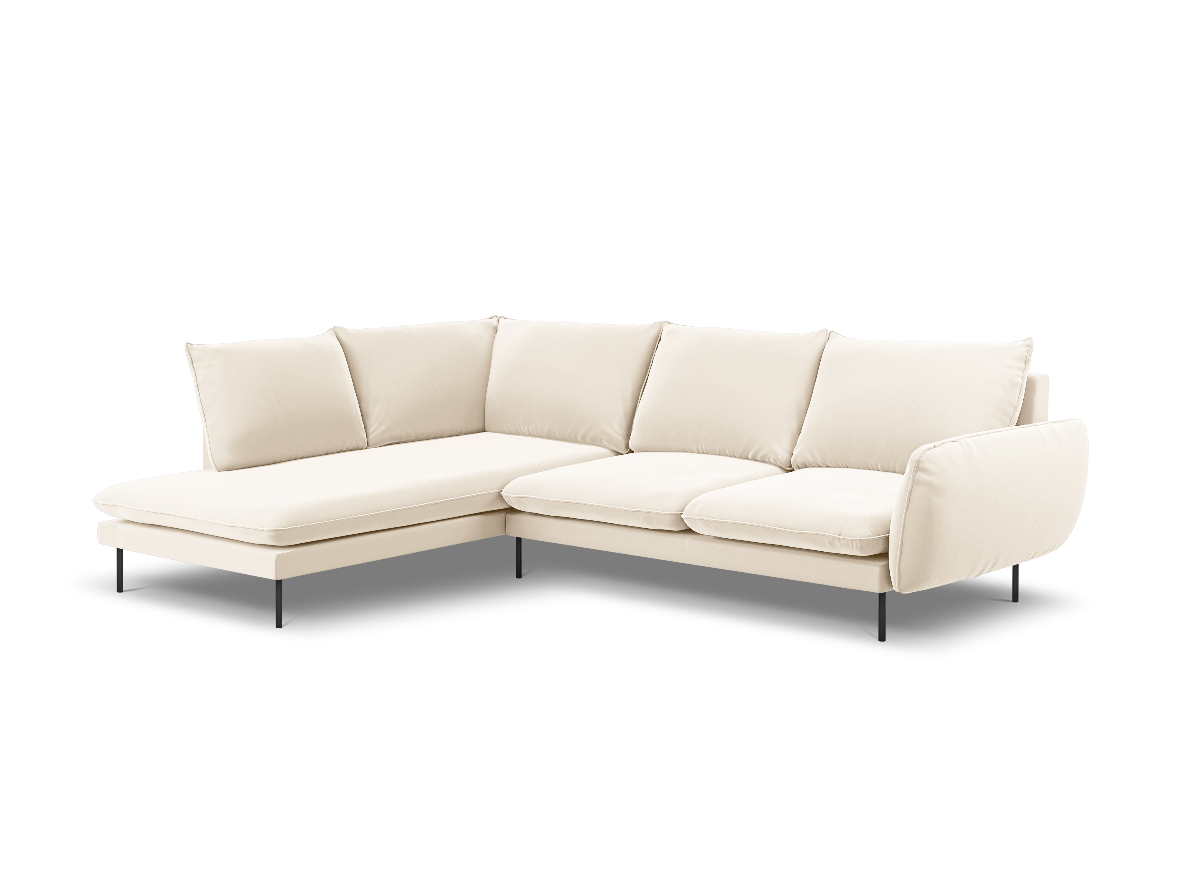 Velvet Corner Sofa for 6 People, Left Side VIENNA in Beige with Black Base