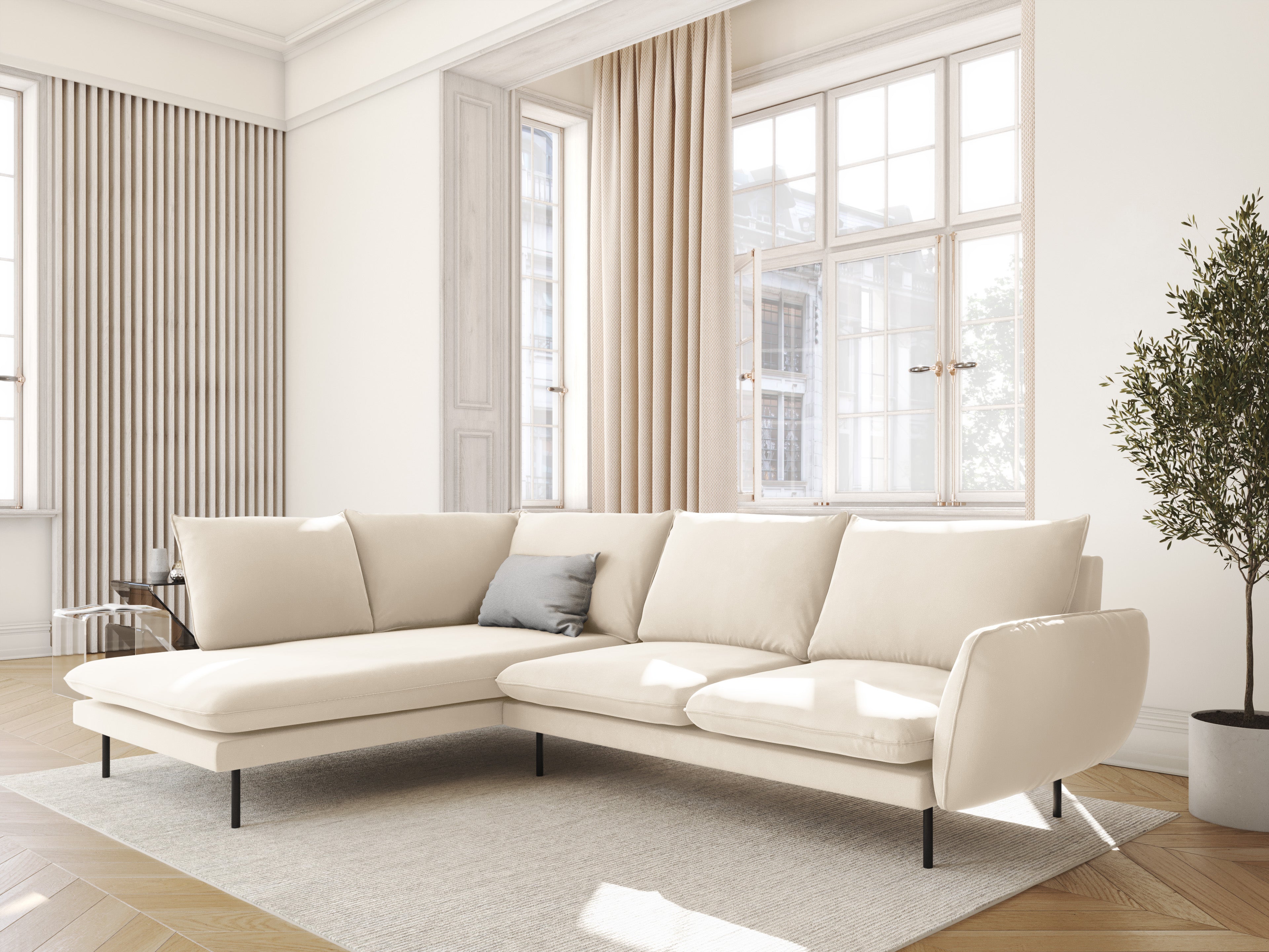 Samt-Ecksofa linksseitig für 5 Personen VIENNA beige mit schwarzem Fuß