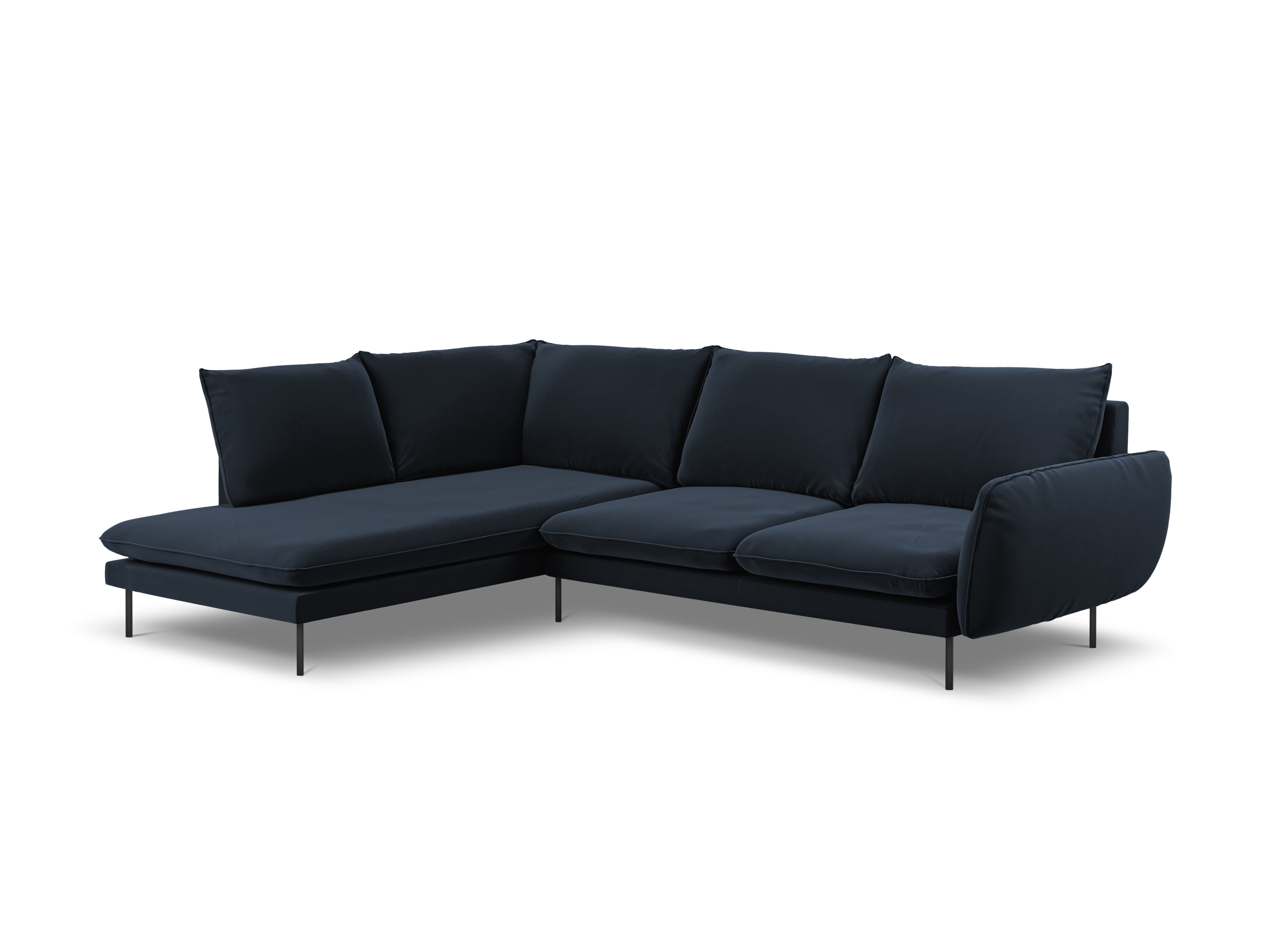Velvet Corner Sofa for 6 People, Left Side VIENNA, Dark Blue with Black Base