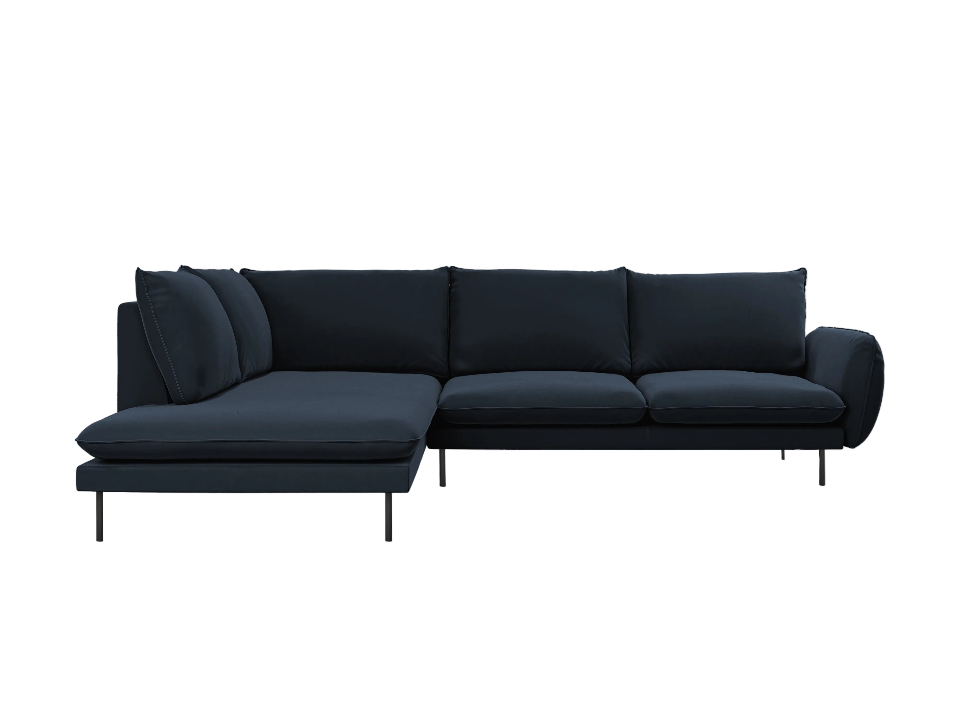 Velvet Corner Sofa for 6 People, Left Side VIENNA, Dark Blue with Black Base