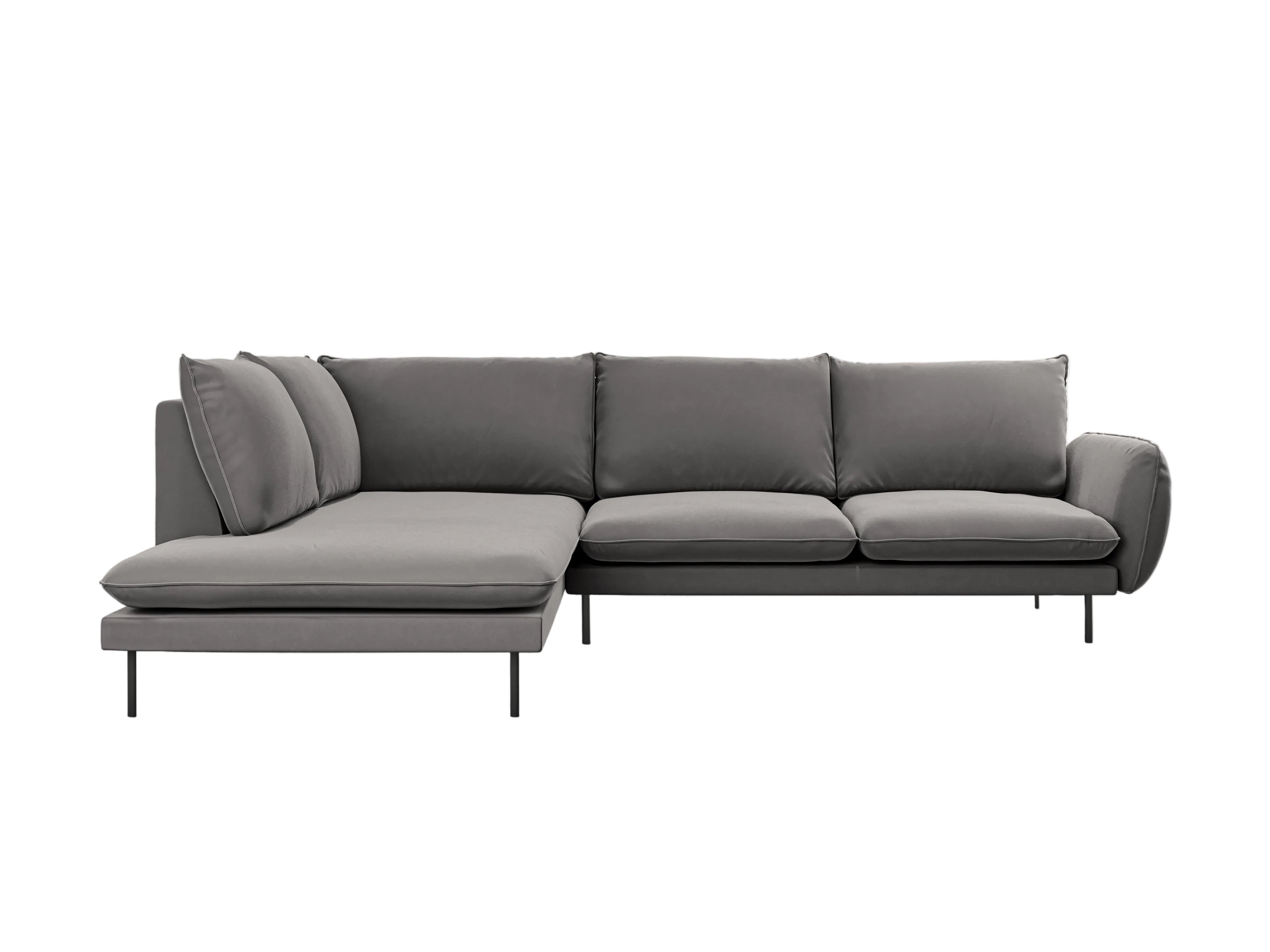 Left-facing velvet corner sofa for 5 people VIENNA in light gray with a black base