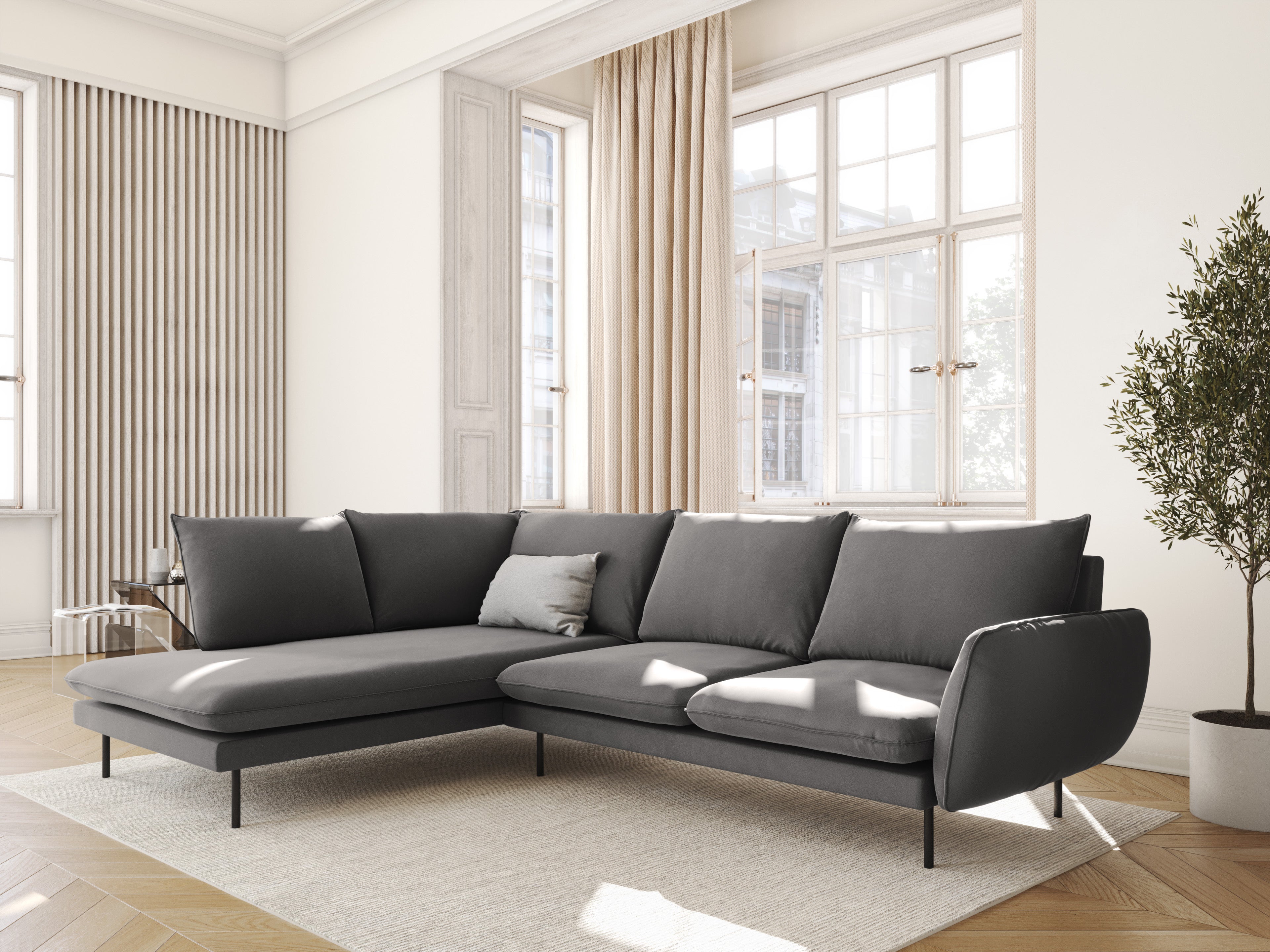 Left-facing velvet corner sofa for 5 people VIENNA in light gray with a black base