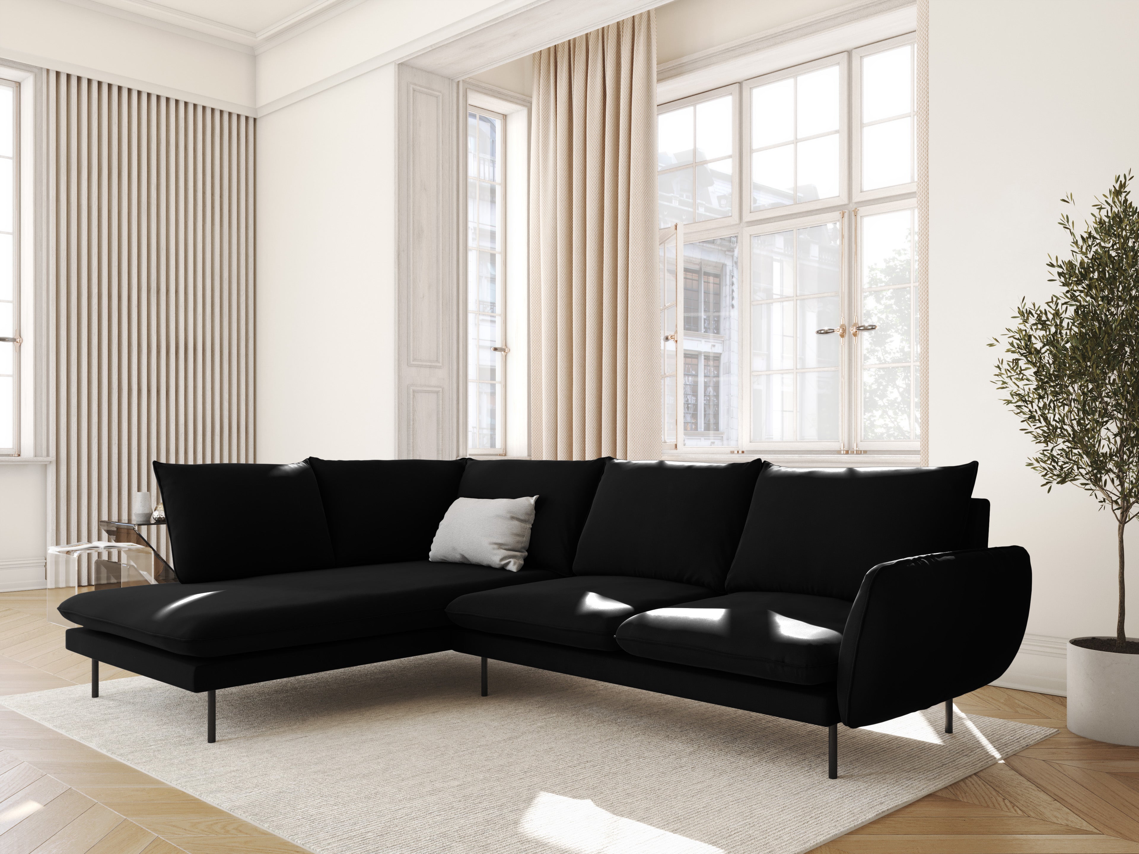 Velvet Corner Sofa for 6 People Left Side VIENNA Black with Black Base