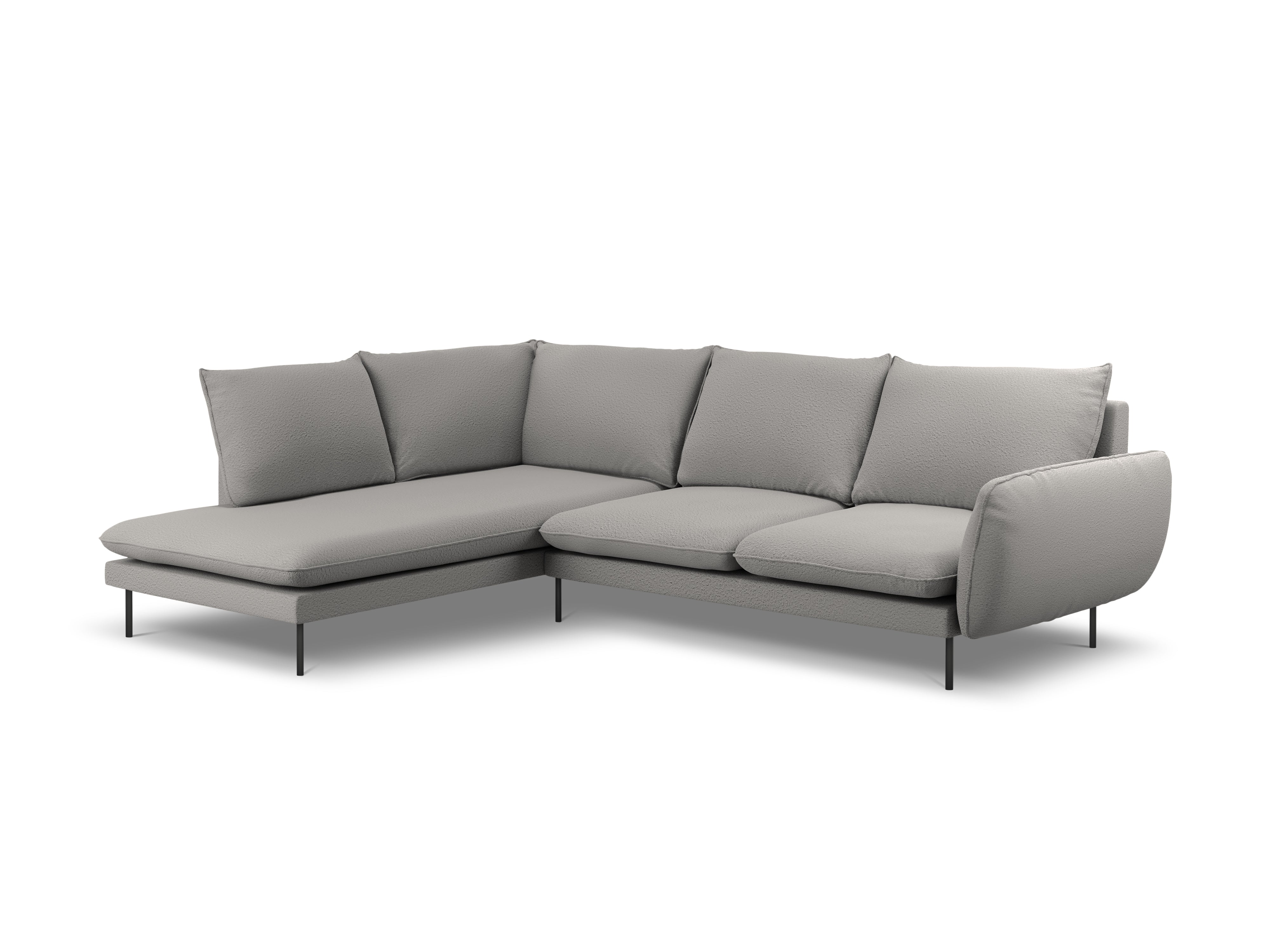 Left-facing 6-seater corner sofa VIENNA in gray boucle with a black base