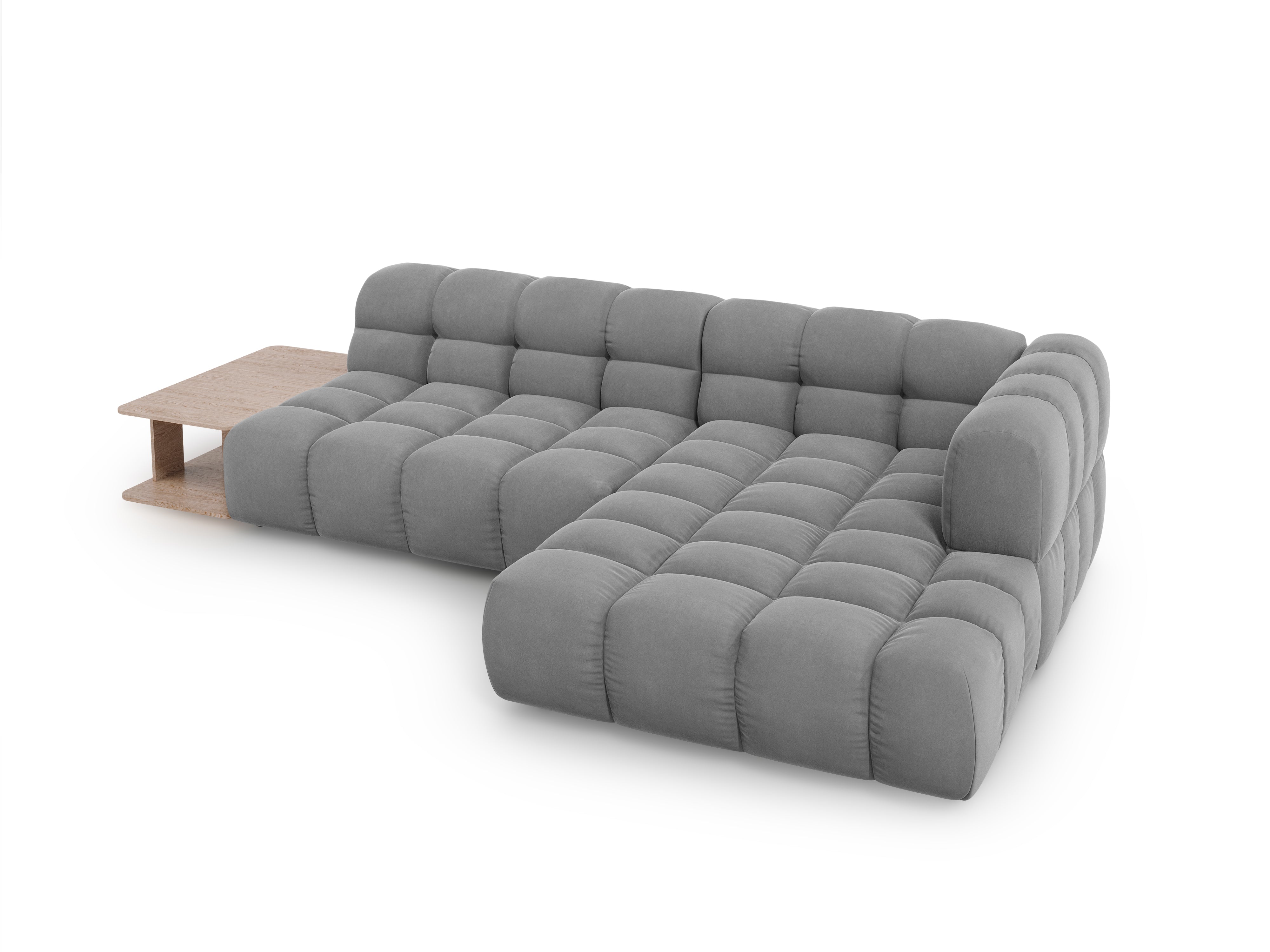 Narożnik aksamitny prawostronny 4-osobowy otwarty ze stolikiem SKY jasnoszary Cosmopolitan Design Eye on Design