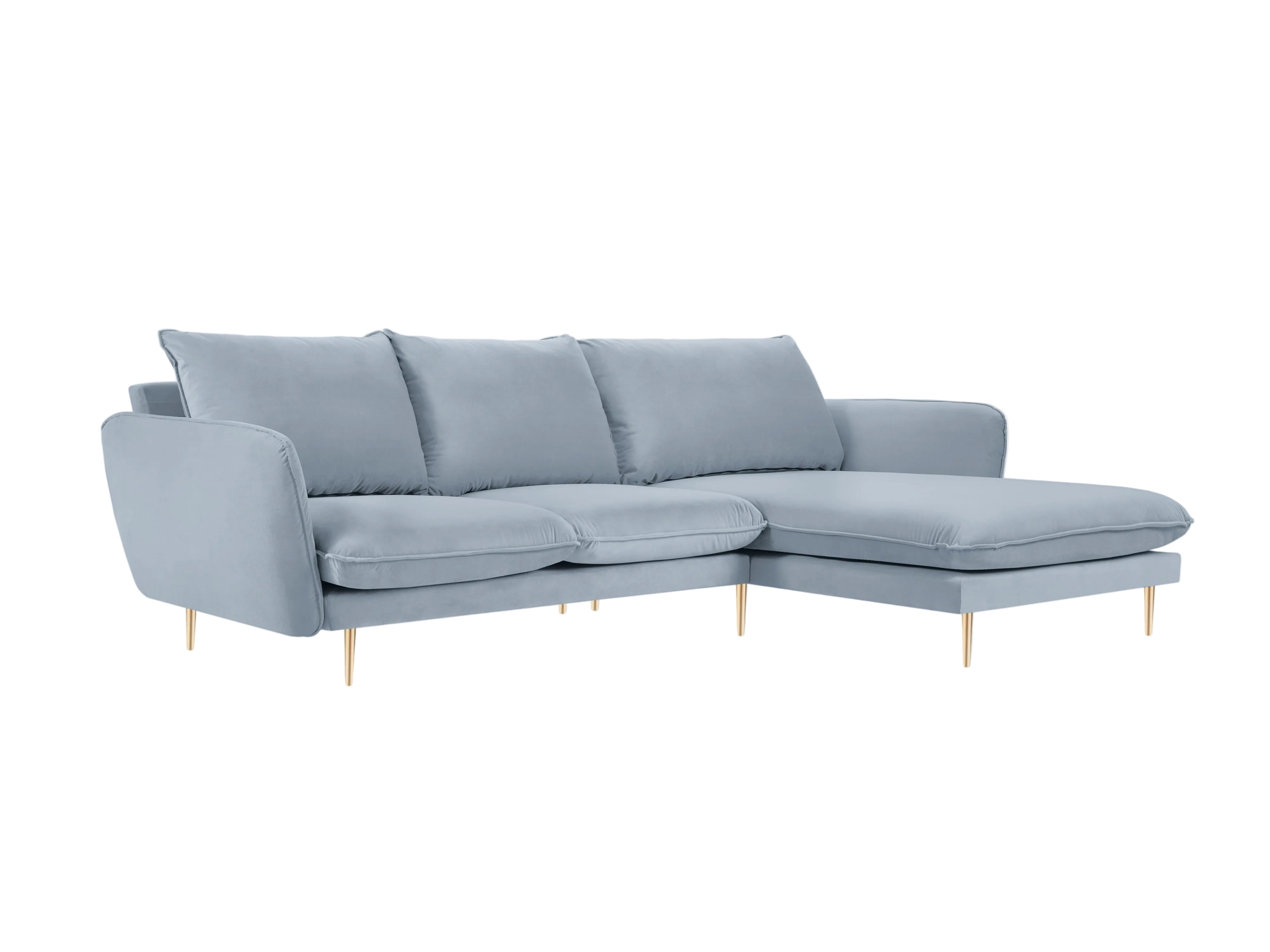 Samt-Ecksofa rechtsseitig für 5 Personen VIENNA hellblau mit goldenem Fuß