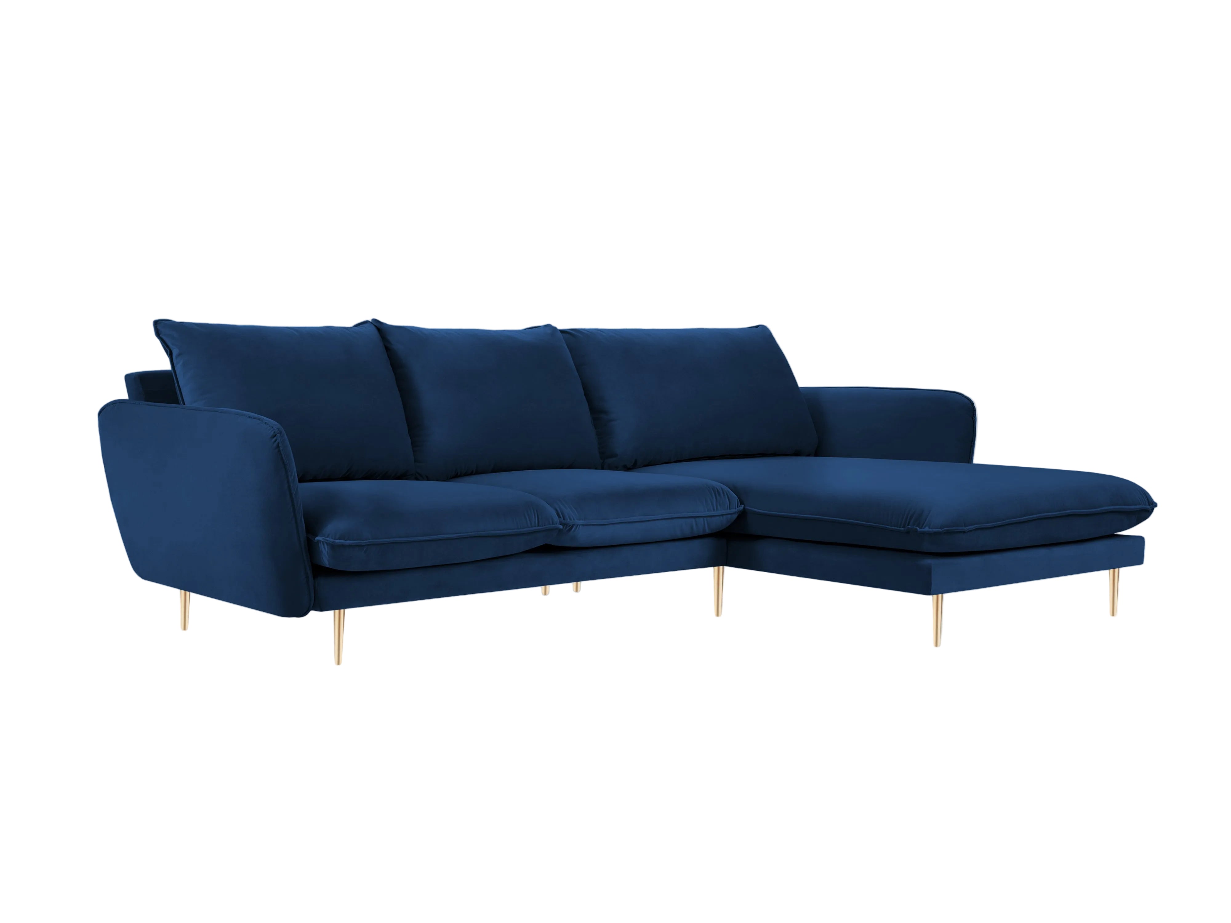 Right-facing velvet corner sofa for 5 people VIENNA in royal blue with a gold base