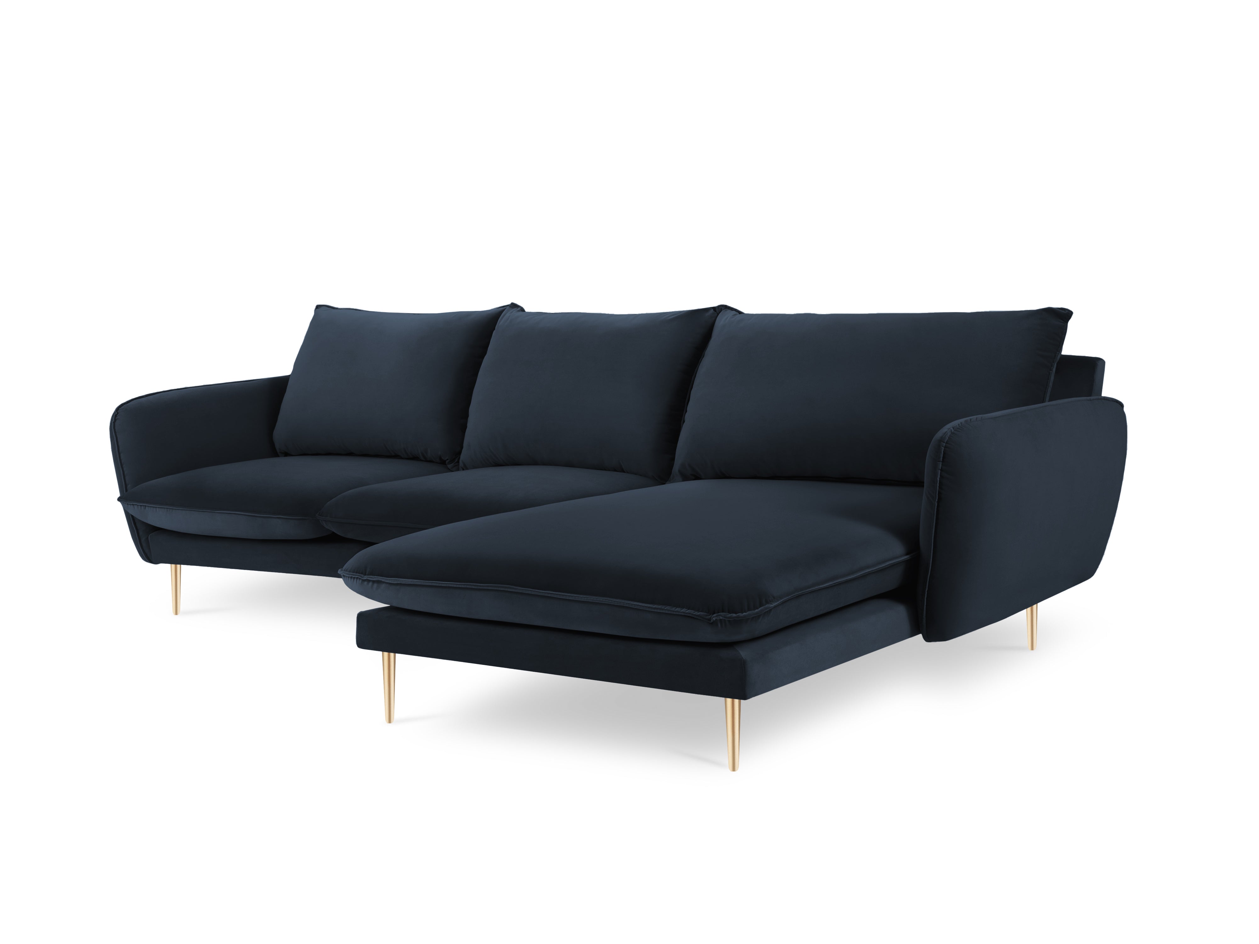 Velvet corner sofa, right-facing, 5-seater VIENNA in dark blue with a gold base
