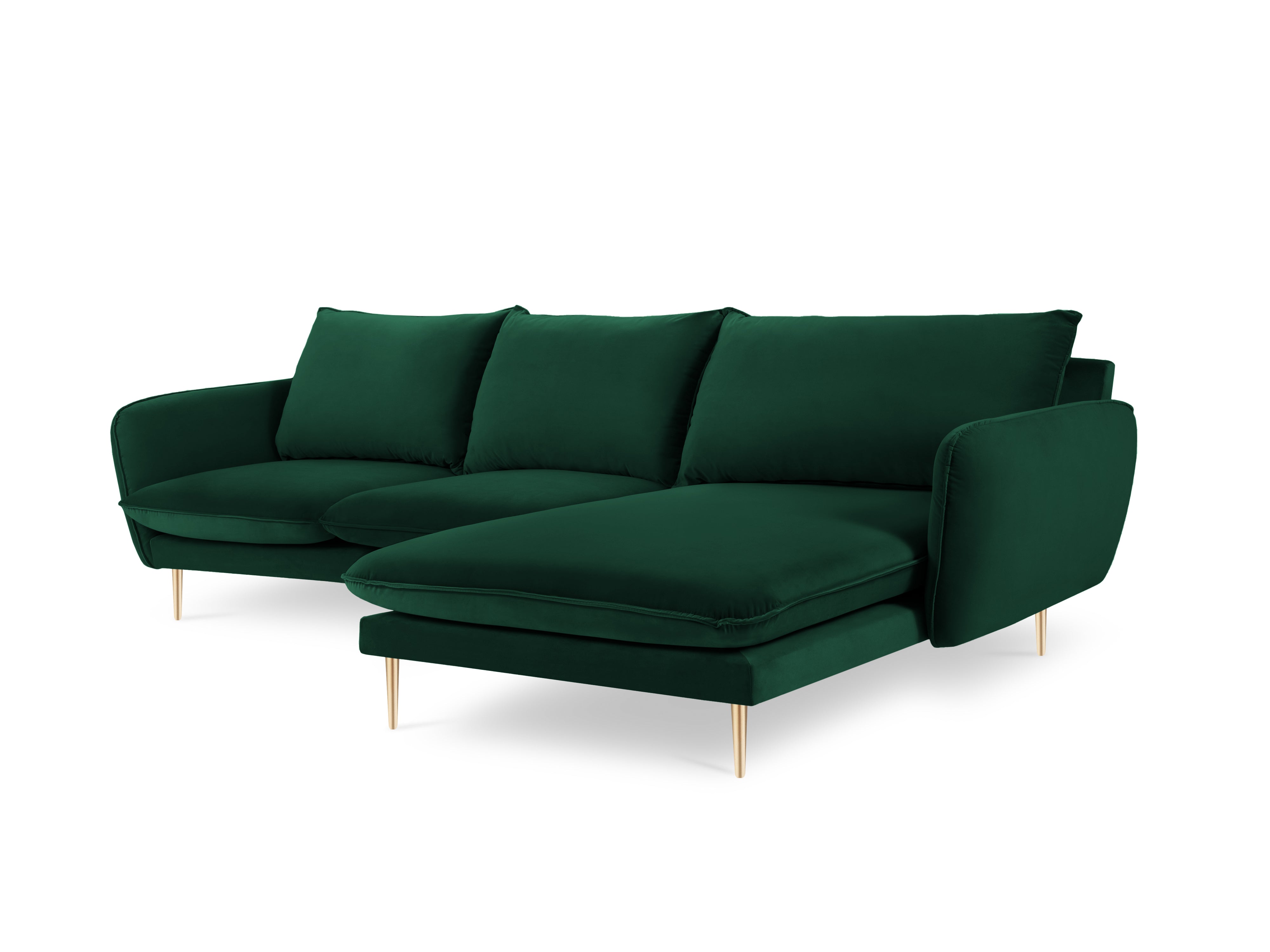 Velvet corner sofa right-facing for 5 people VIENNA in bottle green with a gold base