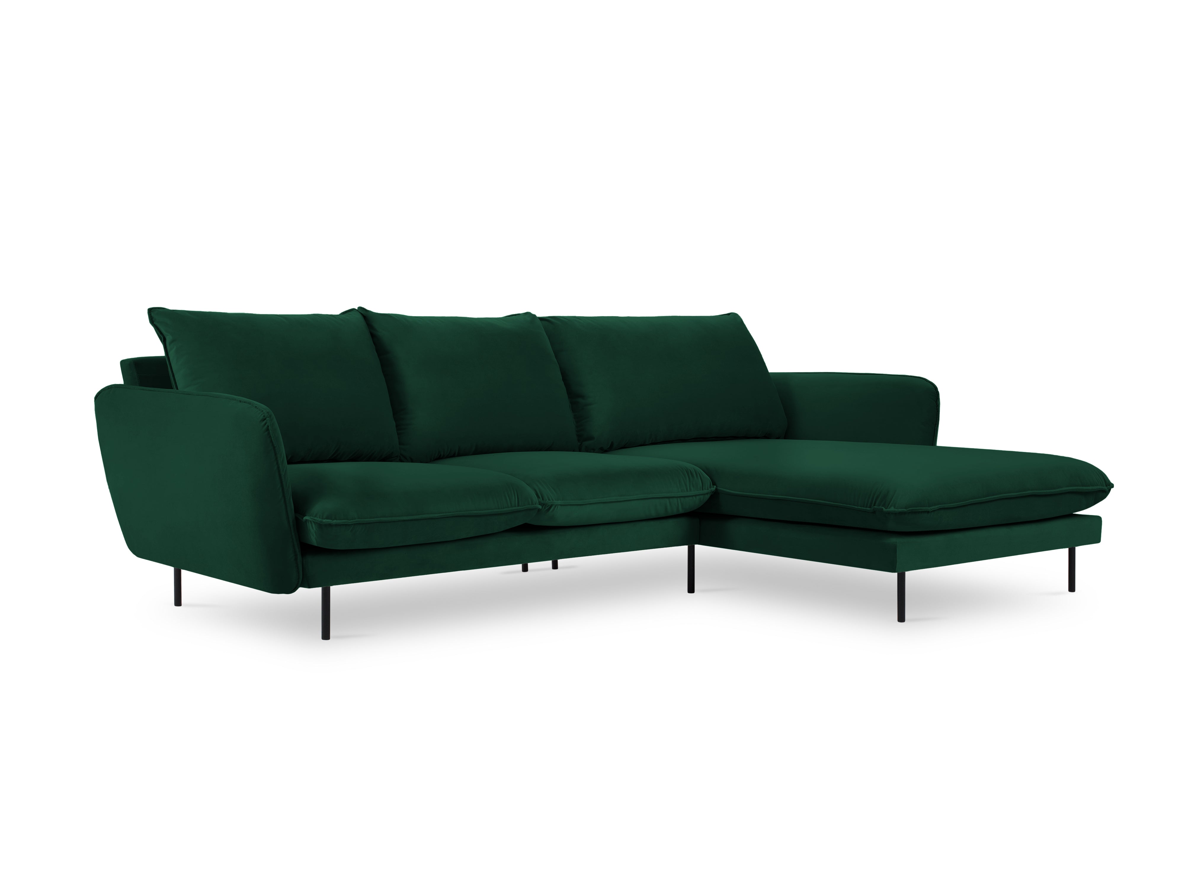 Velvet corner sofa, right-facing, 5-seater VIENNA in bottle green with a black base