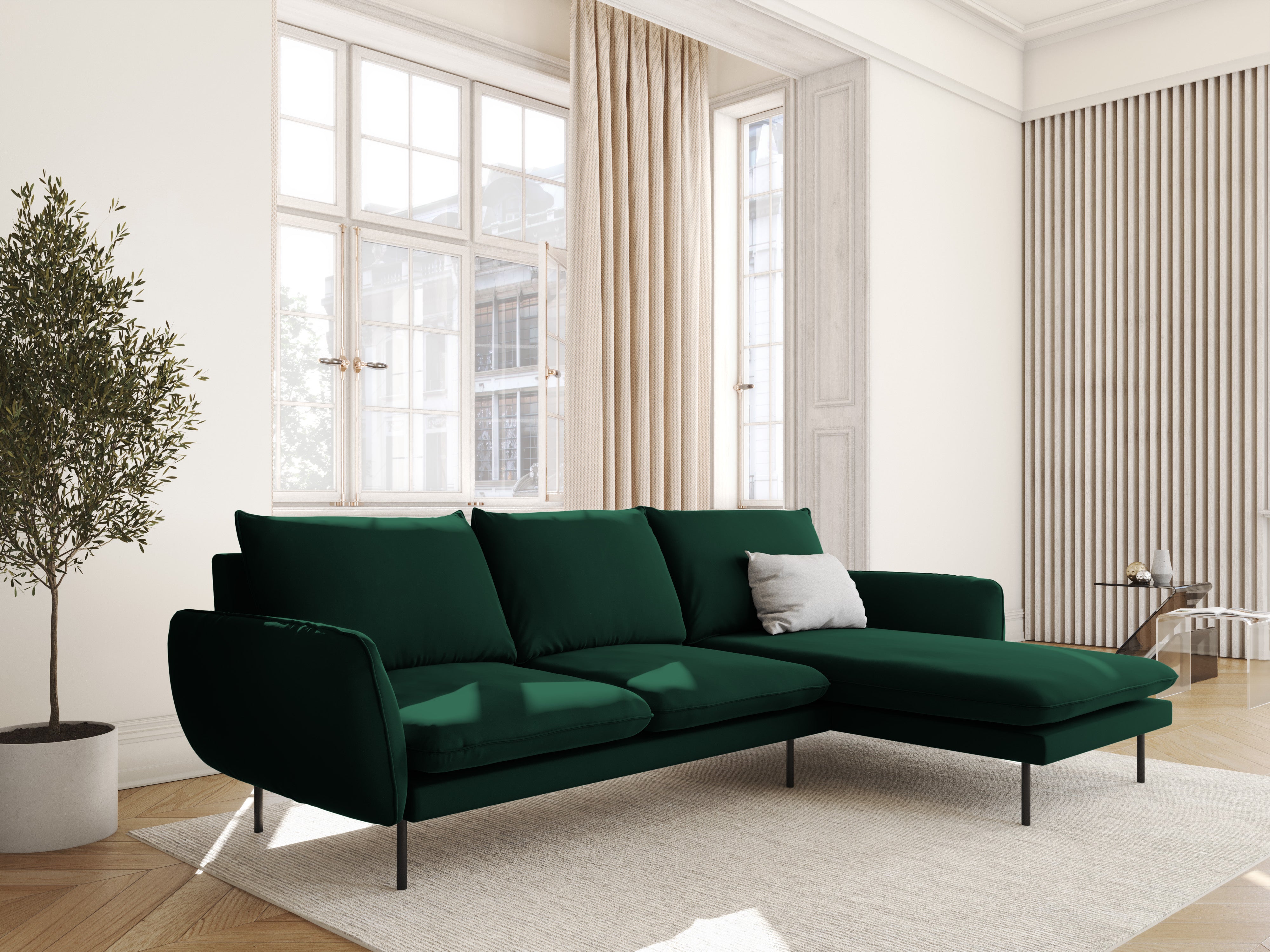 Velvet corner sofa, right-facing, 5-seater VIENNA in bottle green with a black base