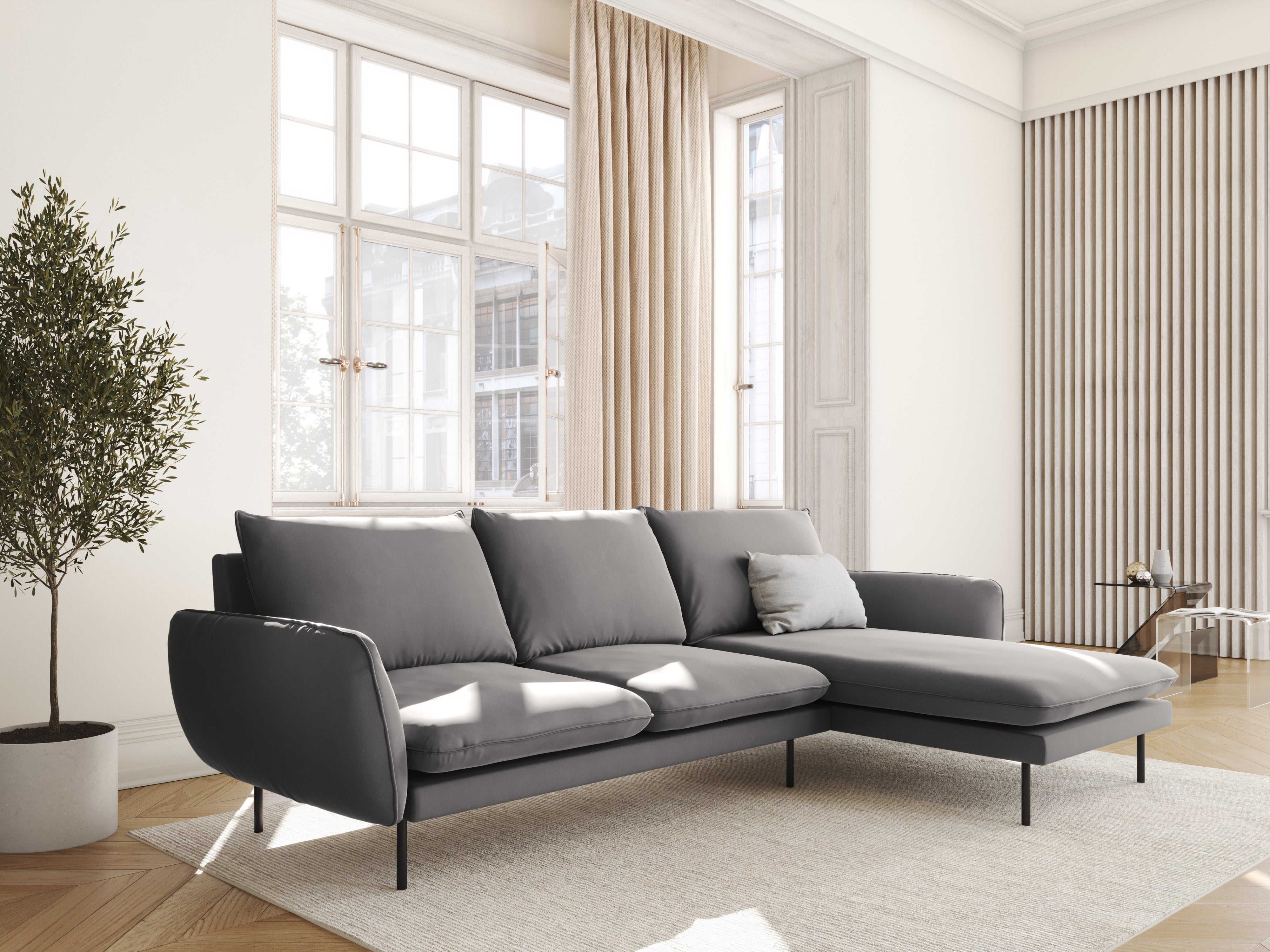 Right-facing velvet corner sofa for 5 people VIENNA in light gray with a black base