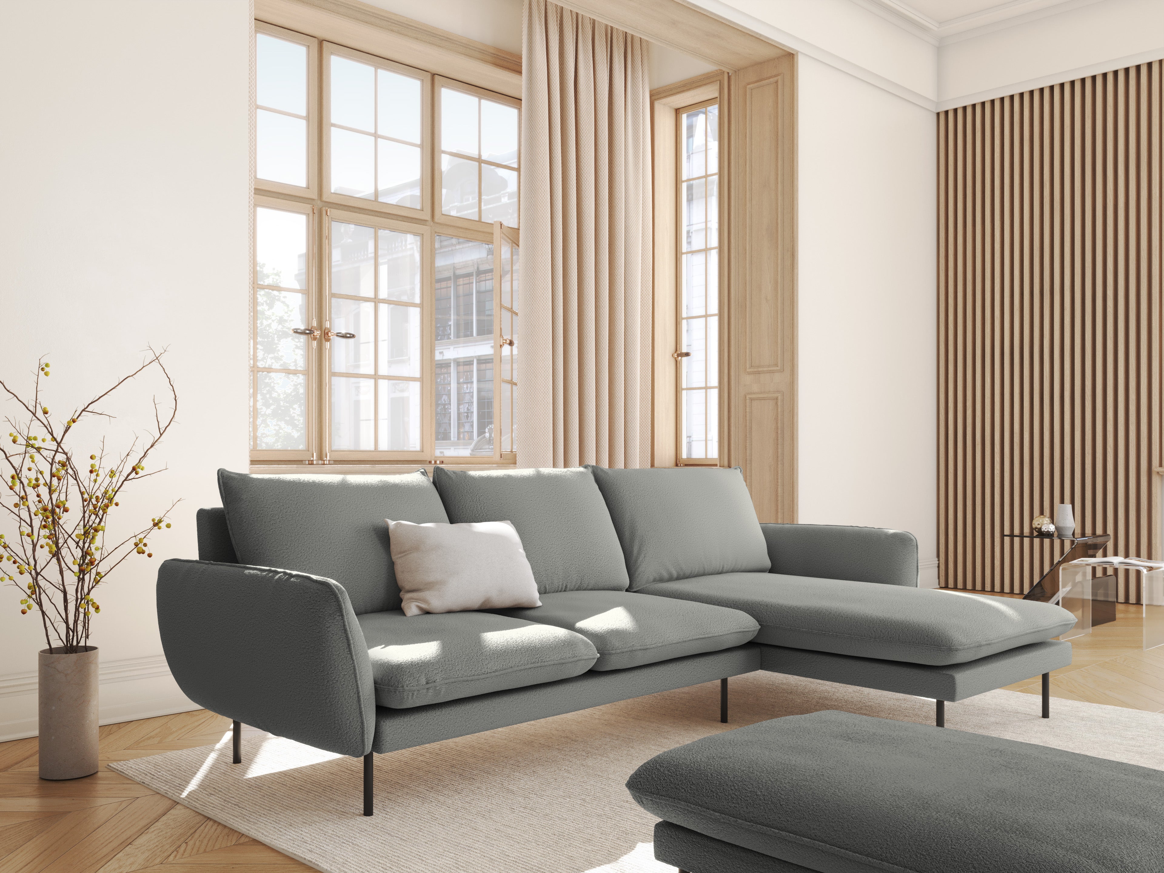 Right-facing 6-seater corner sofa VIENNA in gray boucle with a black base