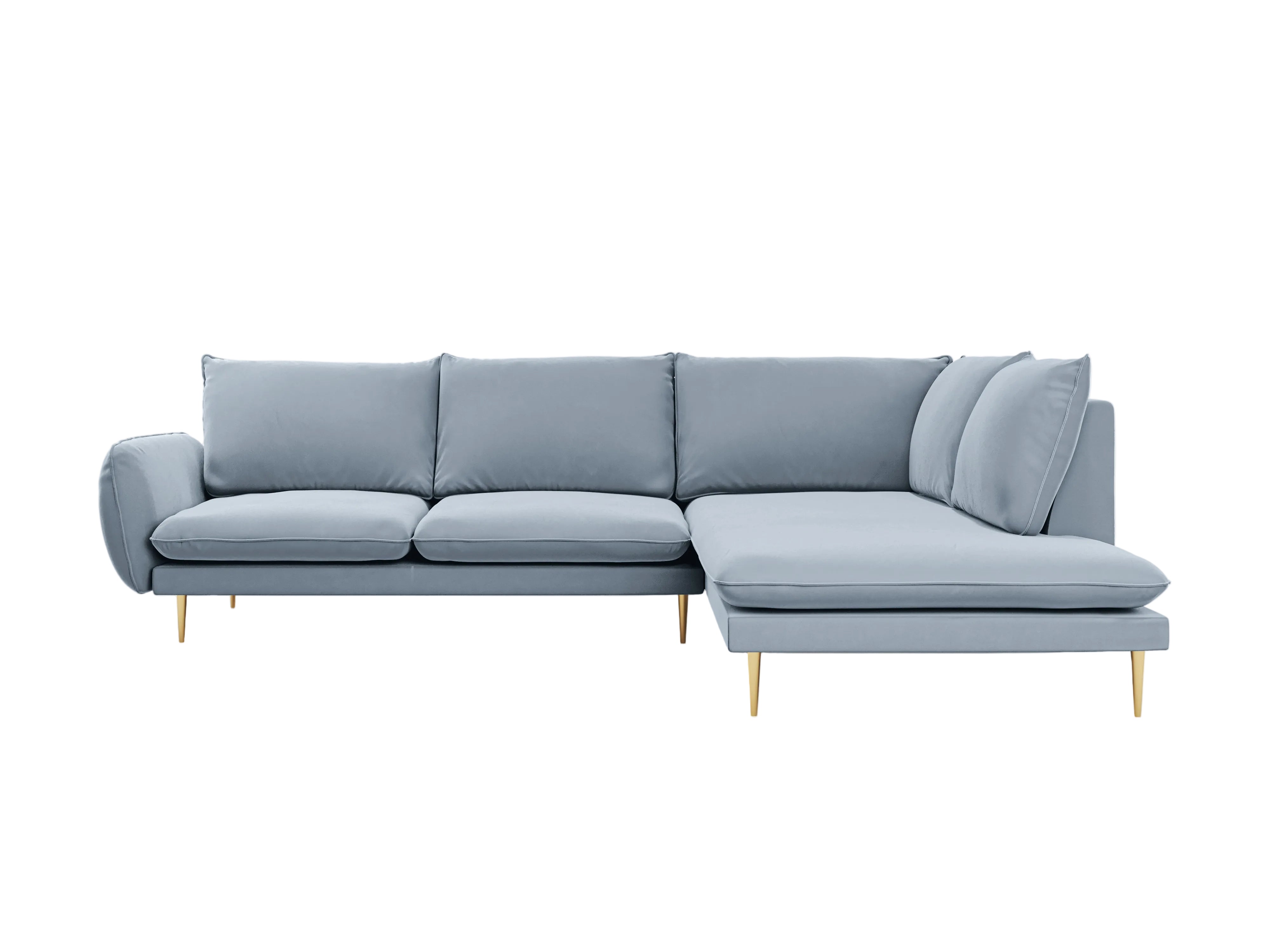 Velvet corner sofa for 6 people, right-facing VIENNA in light blue with a gold base