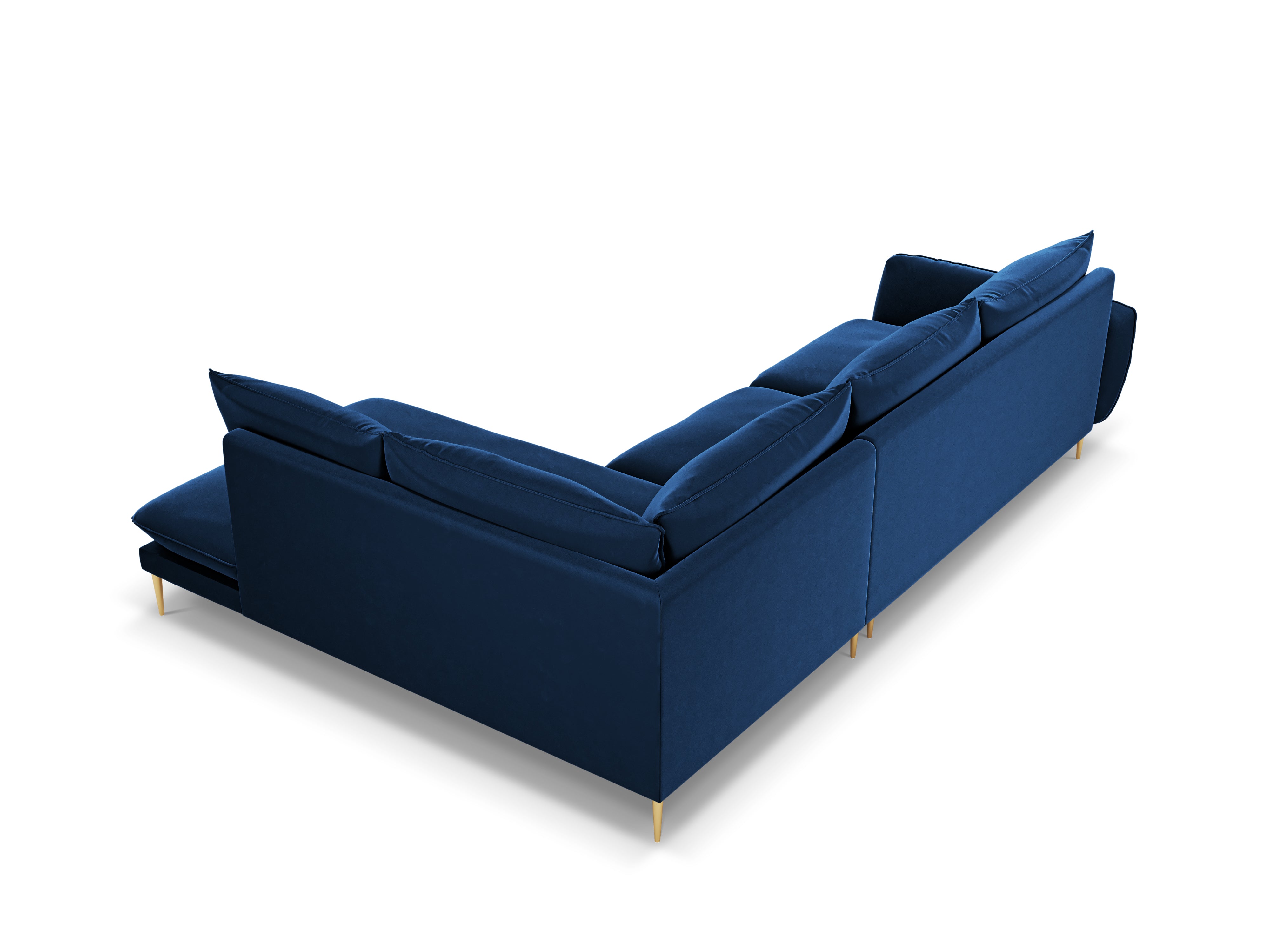 Velvet corner sofa for 6 people, right-facing, VIENNA, royal blue with a gold base