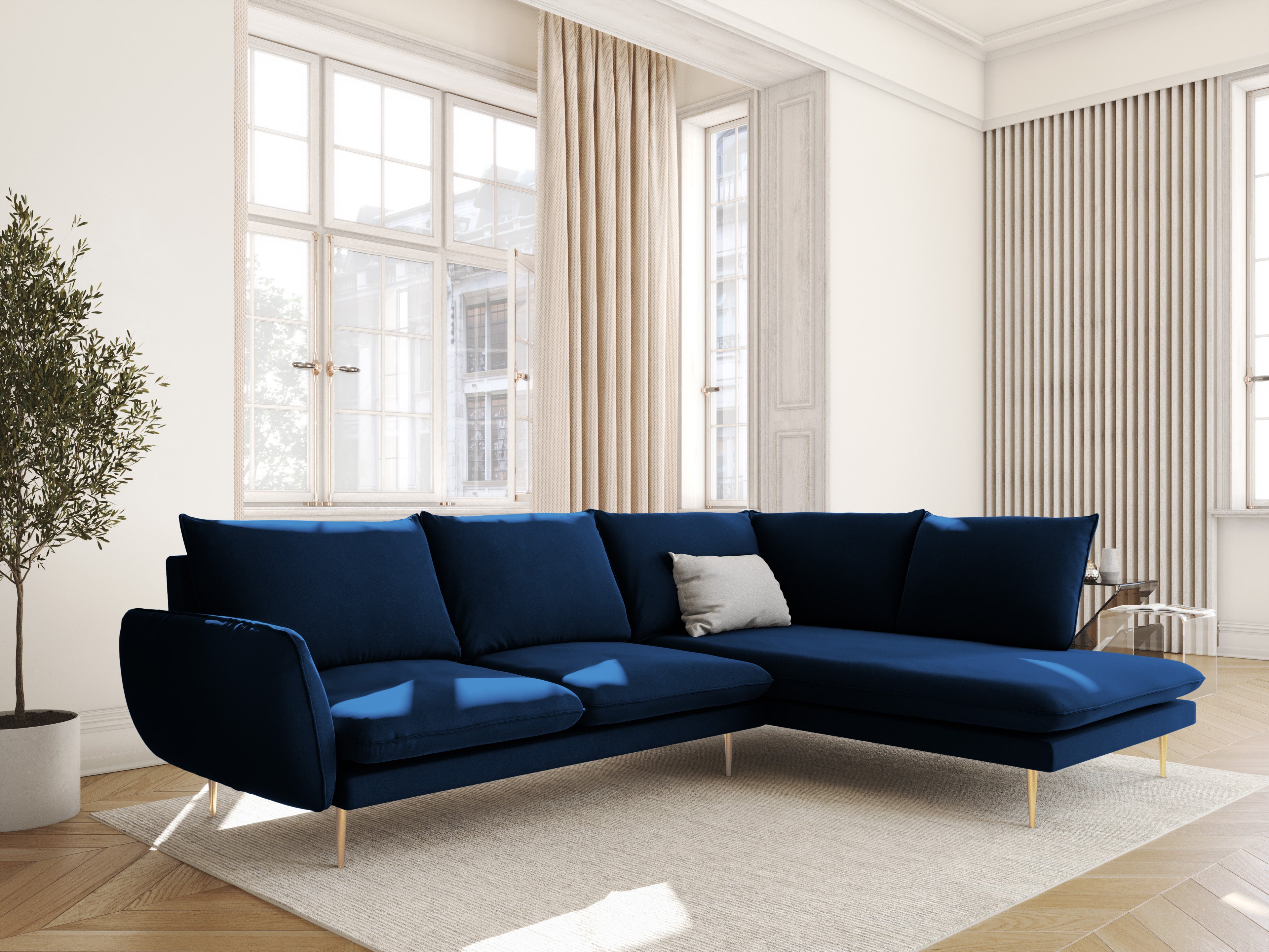 Right-facing velvet corner sofa for 5 people VIENNA in royal blue with a gold base