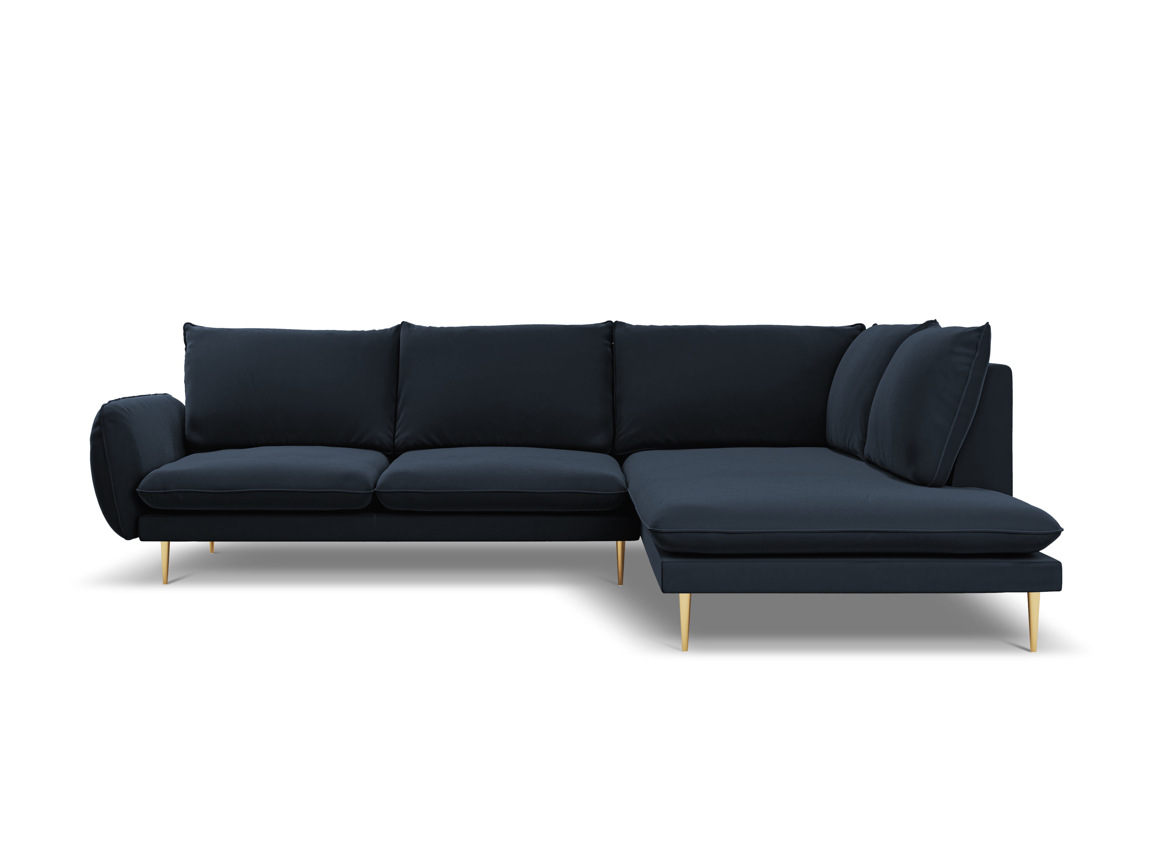 Velvet corner sofa, right-facing, 5-seater VIENNA in dark blue with a gold base