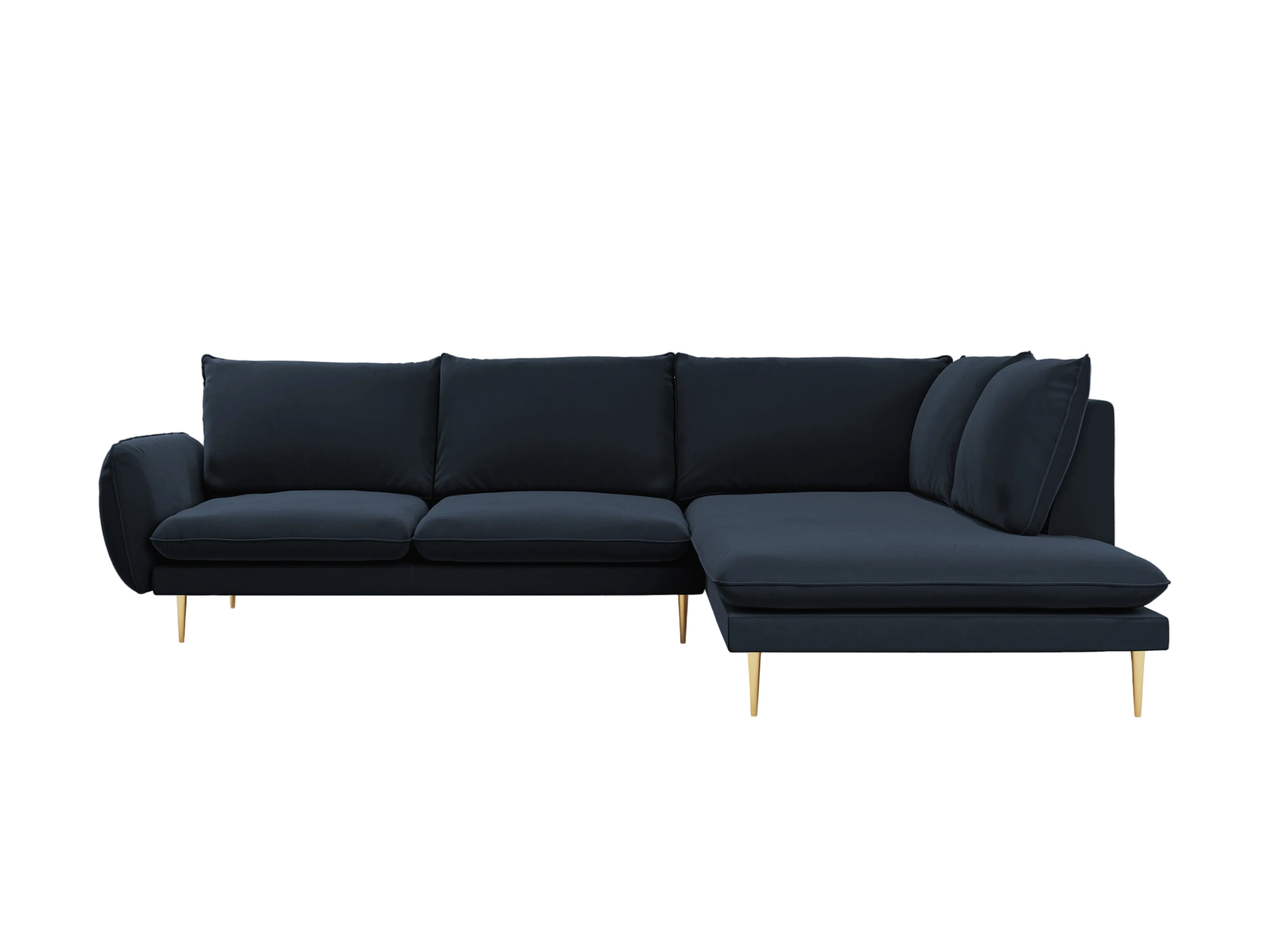 Velvet corner sofa for 6 people, right-facing, VIENNA, dark blue with a gold base
