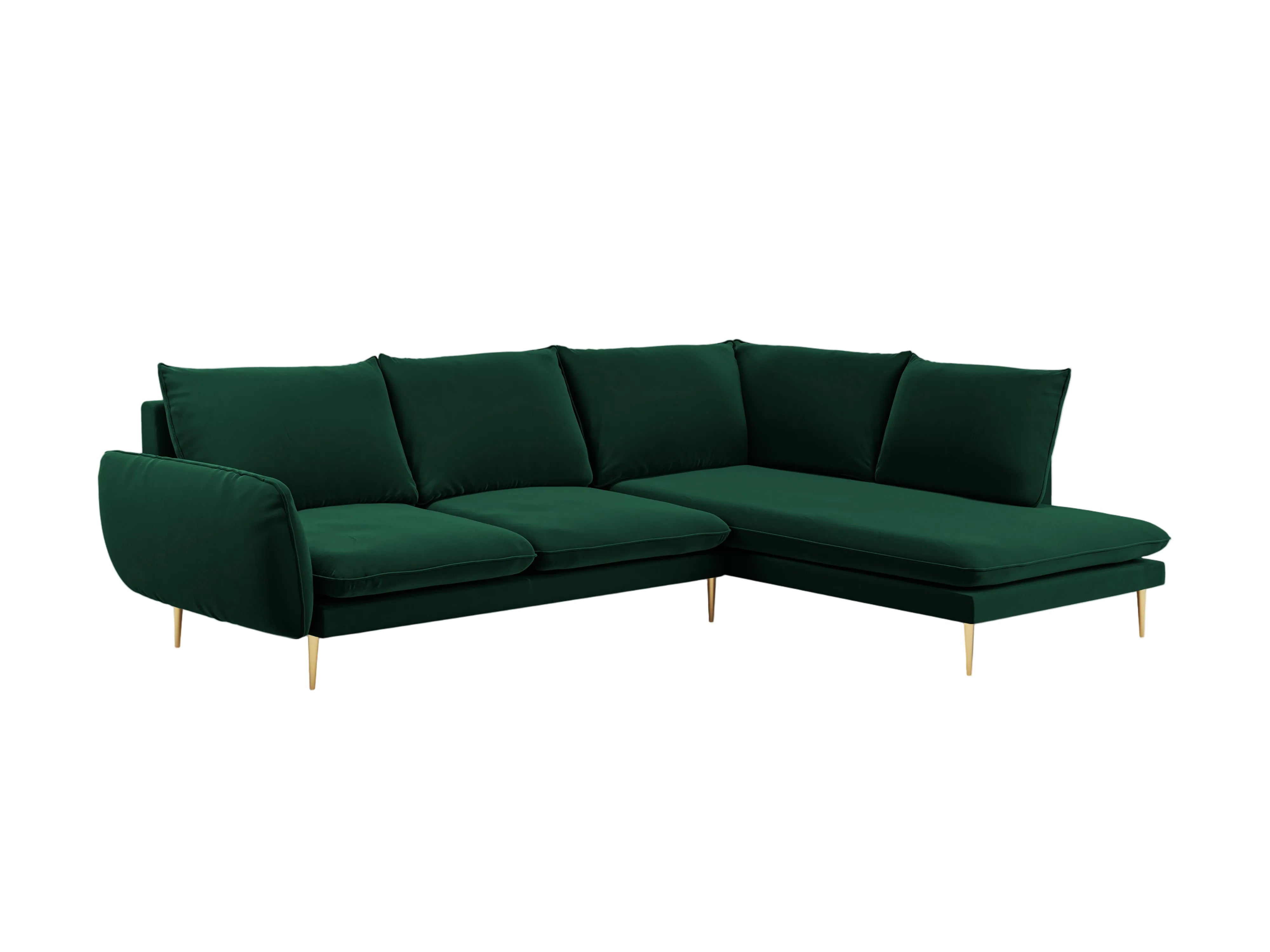 Velvet corner sofa right-facing for 5 people VIENNA in bottle green with a gold base