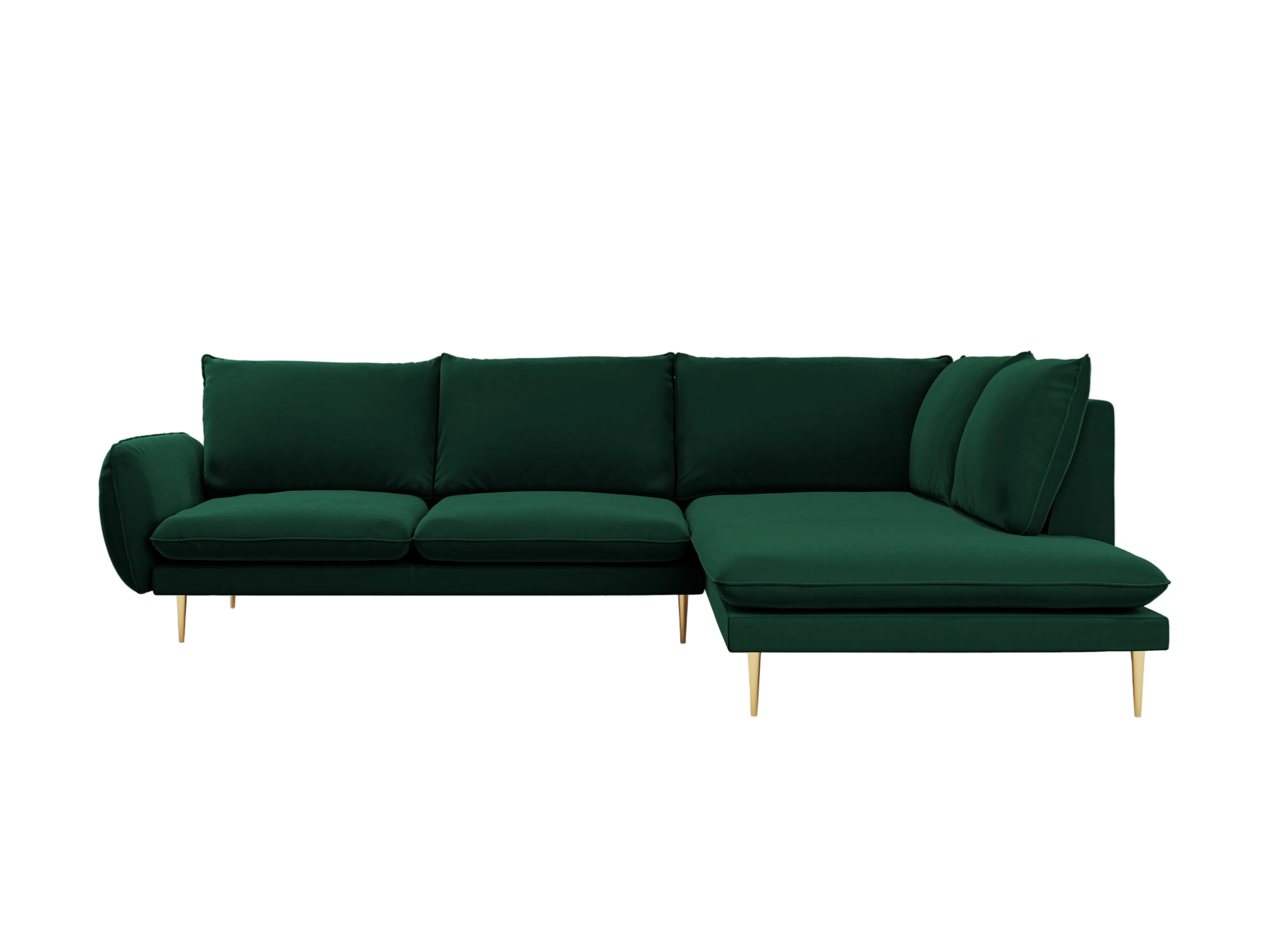 Velvet corner sofa for 6 people, right-facing, VIENNA in bottle green with a gold base