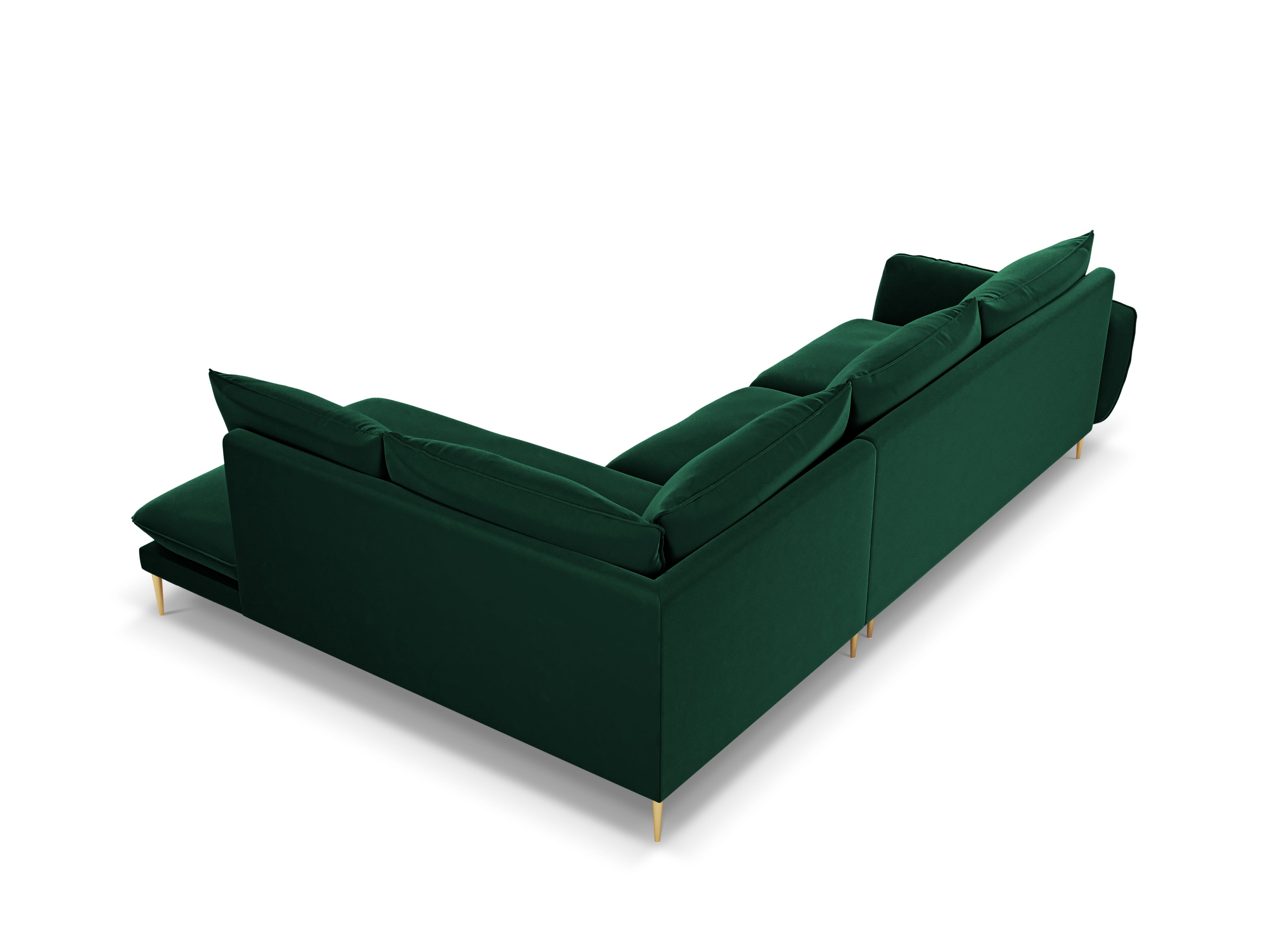 Velvet corner sofa for 6 people, right-facing, VIENNA in bottle green with a gold base